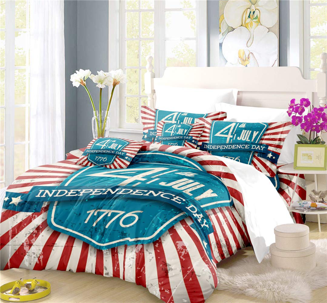 REALIN Stars and Stripes Duvet Cover Set Vintage Bedding Red White Blue Bed Sets 2/3/4PCS Quilt Covers/Sheets/Pillow Shams,Twin/Full/Queen/King (G,Full-200x229cm-3PCS)