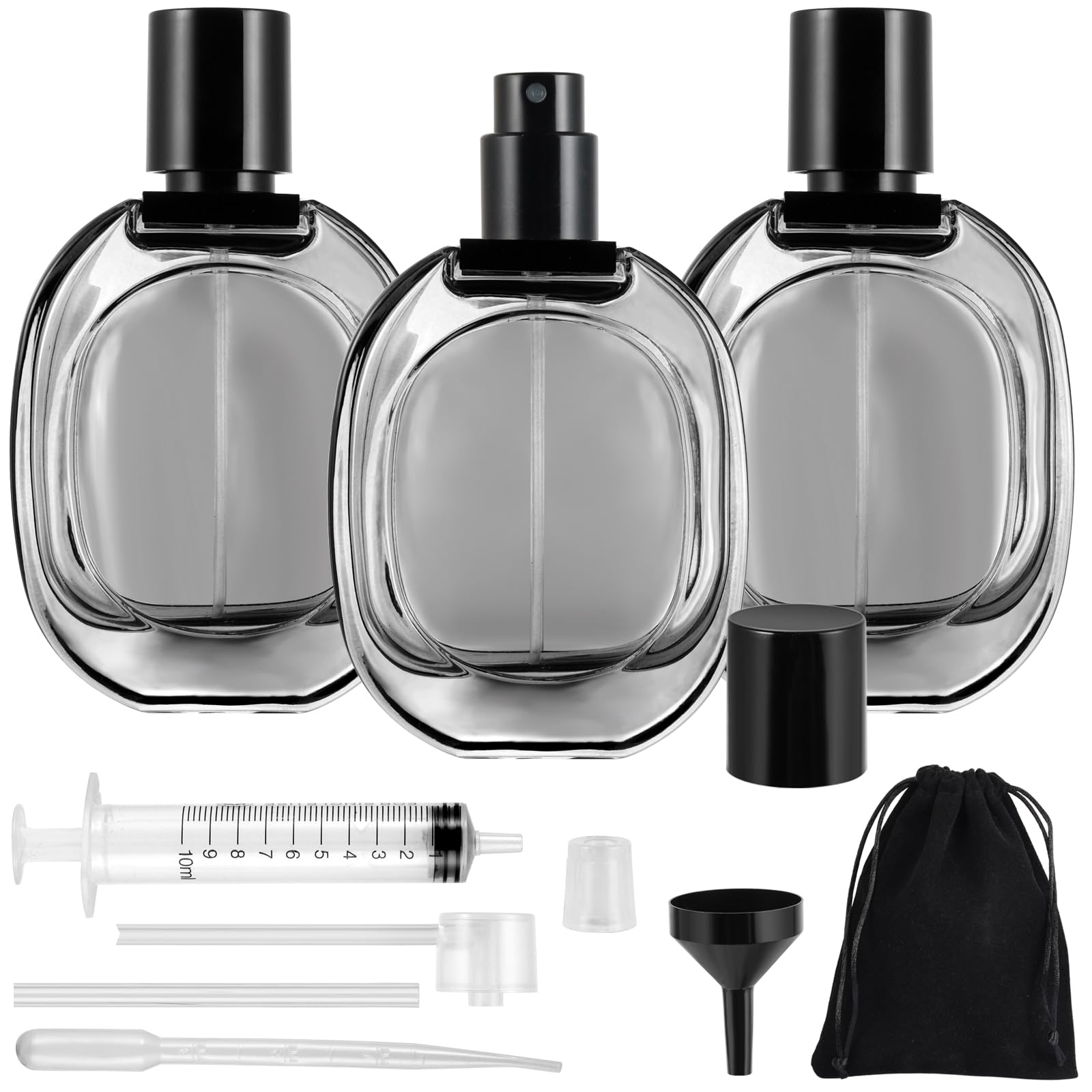 3-częściowy atomizer 50 ml z torebką, puste okrągłe buteleczki na perfumy ze szkła dla mężczyzn i kobiet, przezroczysta czarna torebka na perfumy do ładowania podczas podróży do zapachów