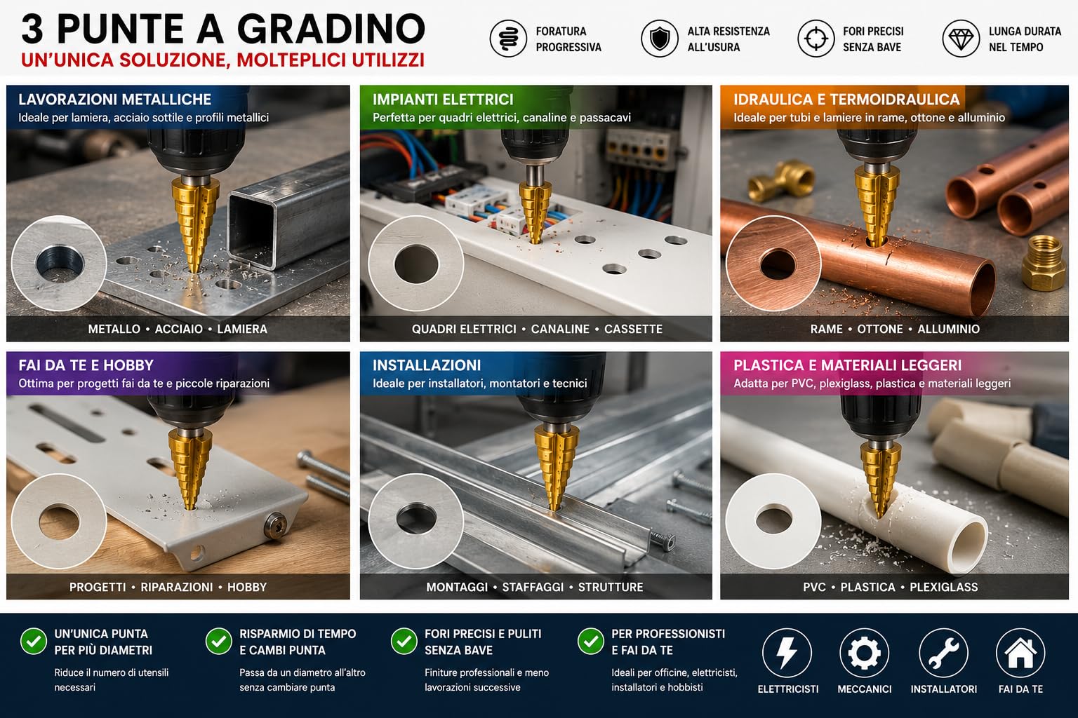 Terryshop74® Set 3 Punte a Gradino HSS Rivestite Titanio – Punte Coniche Graduate 4-12 mm, 4-20 mm e 4-32 mm – Per Metallo, Alluminio, Lamiera, PVC e Plastica – Attacco Esagonale