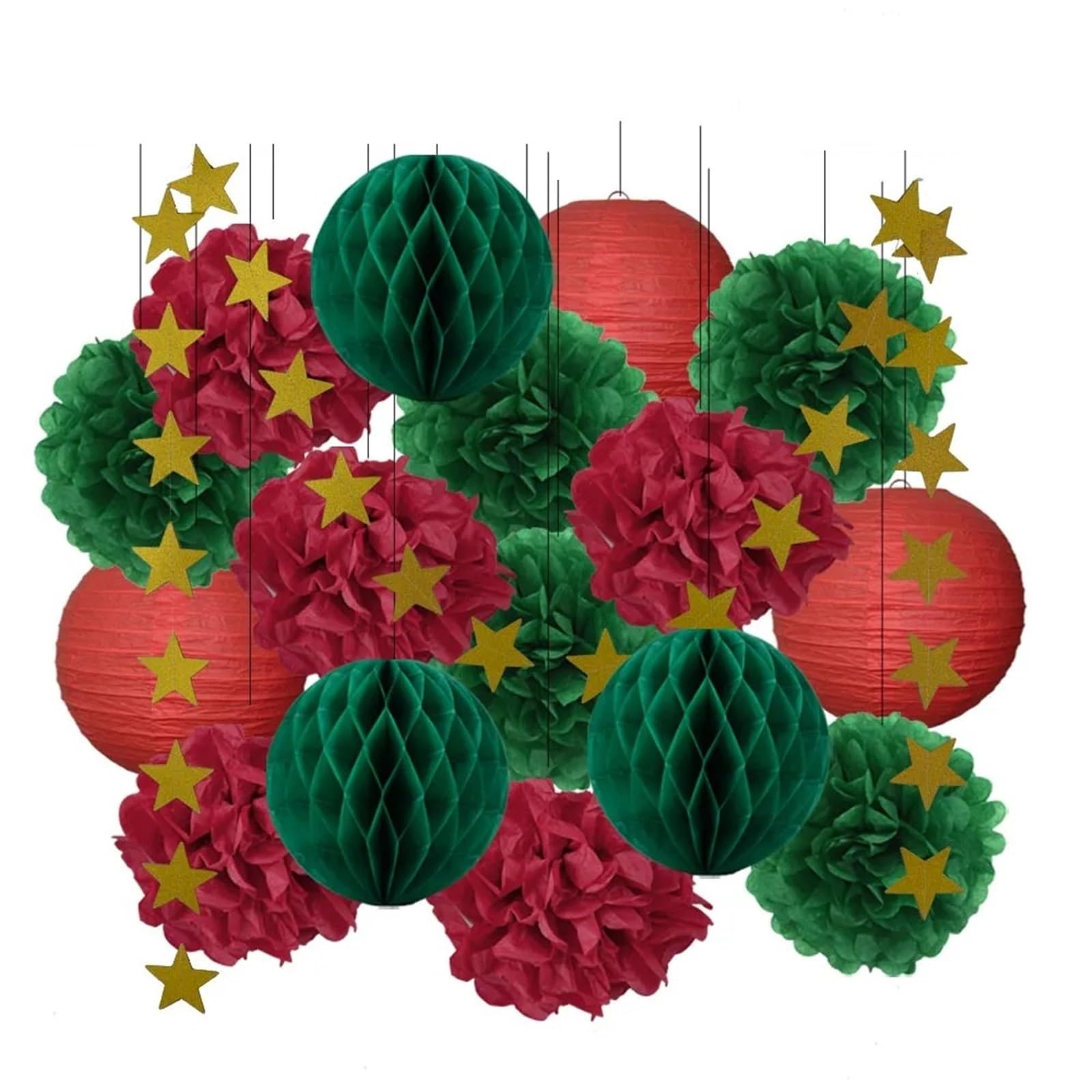 Paper Pom Poms Wedding Ceremony Events Decor Gold Paper Lanterns Honeycomb Red Tissue Pompom for Party Supplies(Red Green)