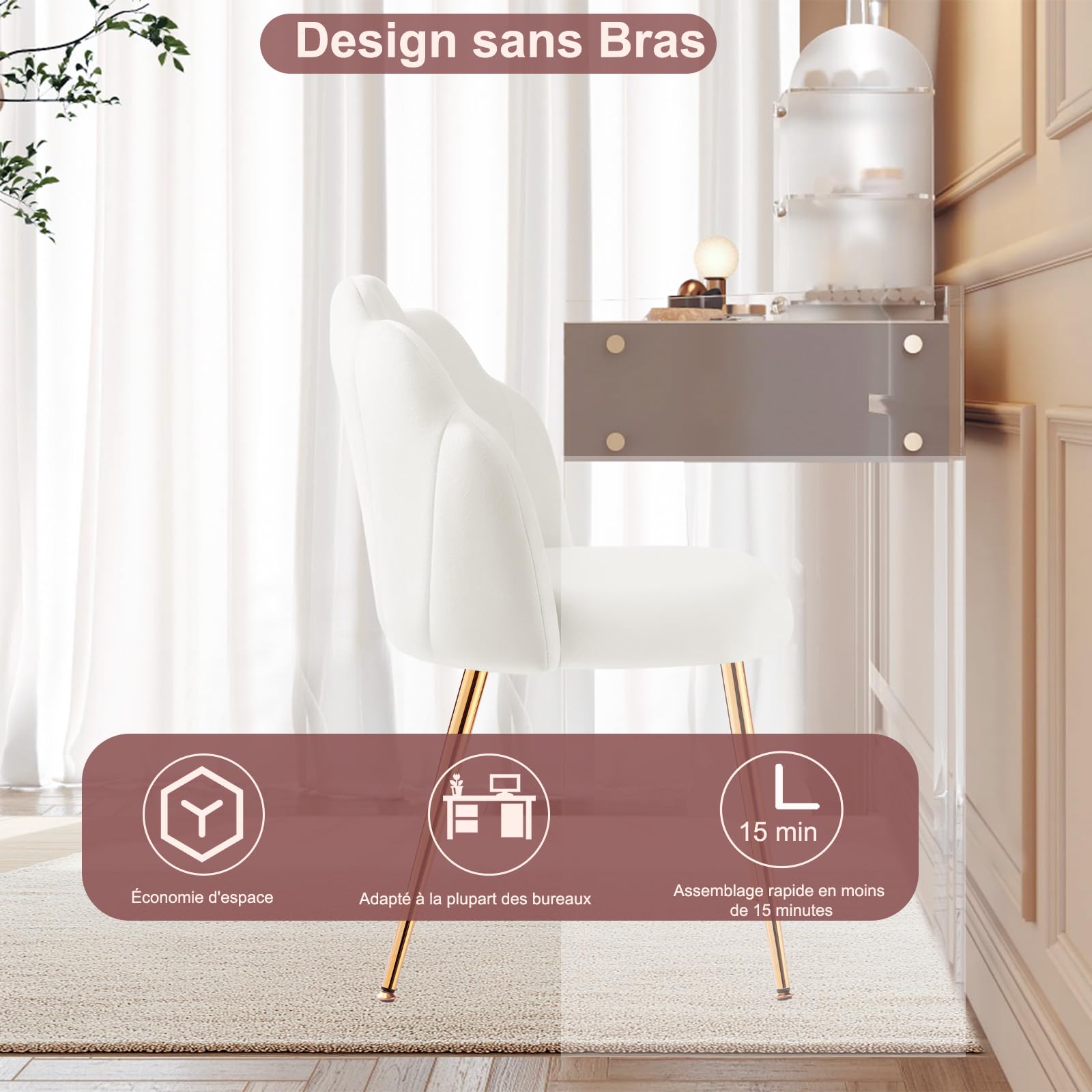 ‌Chaise de Coiffeuse Design en Velours avec Pieds Métal Doré - Fauteuil Coquillage Adulte pour Chambre à Coucher,Beige/Blanc