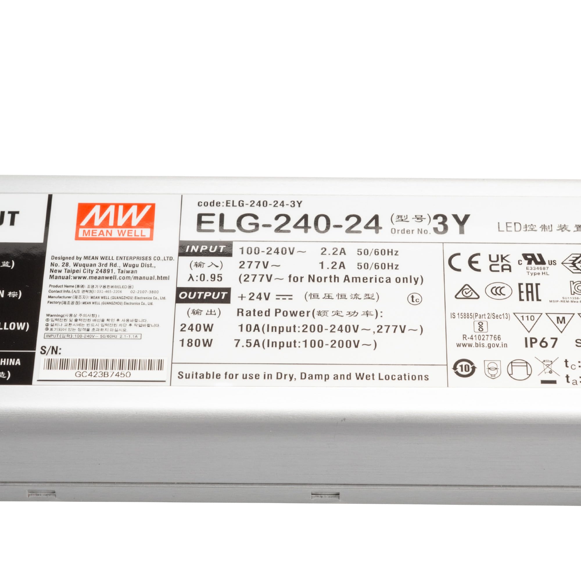 Mean Well ELG-240-24-3Y - Trasformatore LED a tensione costante, 240 W, 10 A, 12-24 V/DC, non dimmerabile,