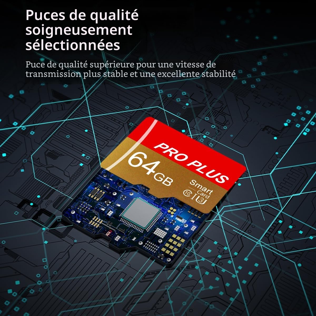 Lot de 3 cartes mémoire TF haute vitesse 64 Go avec adaptateur UHS-I C10 A1 pour tablette, téléphone mobile, appareil photo, audio de voiture, console de jeu, TF162 64 Go