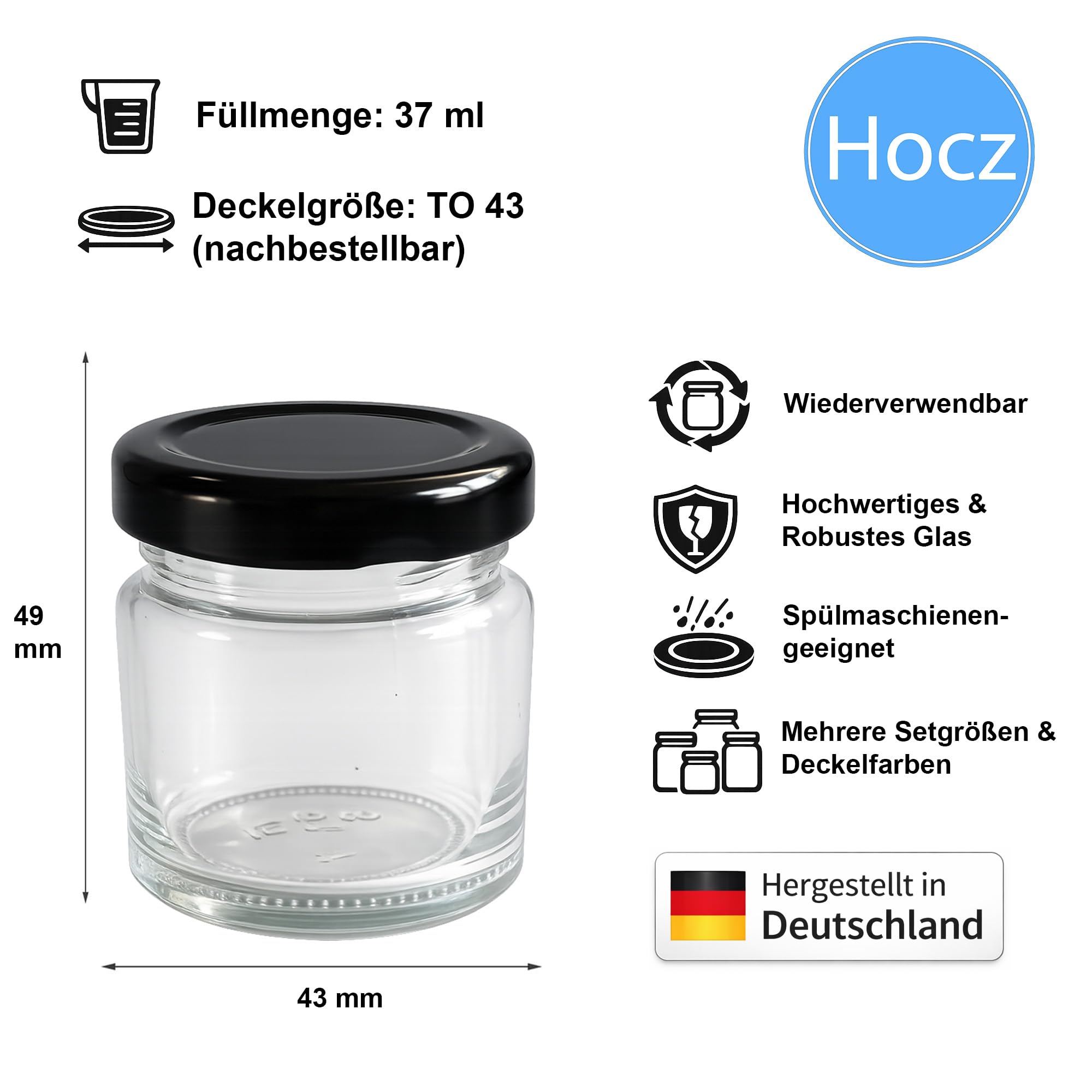Hocz 25x Mini Marmeladengläser 37 Ml Set | Deckel Schwarz TO 43 | Kleine Einmachgläser Mit Schraubdeckel Zum Befüllen | Schraubgläser | Leere Gläser Für Marmelade | 25 Stück