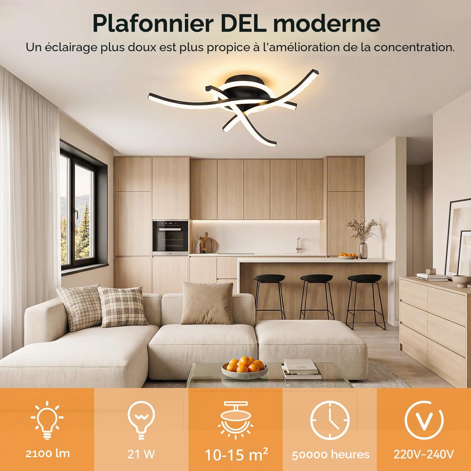 Plafonnier LED Moderne 21W, 3000K/4500K/6500K Lampe Plafond 2100lm CRI≥80, Luminaire Plafonnier pour Salon, Chambre, Bureau, Cuisine et Couloir avec Fonction Mémoire Noir