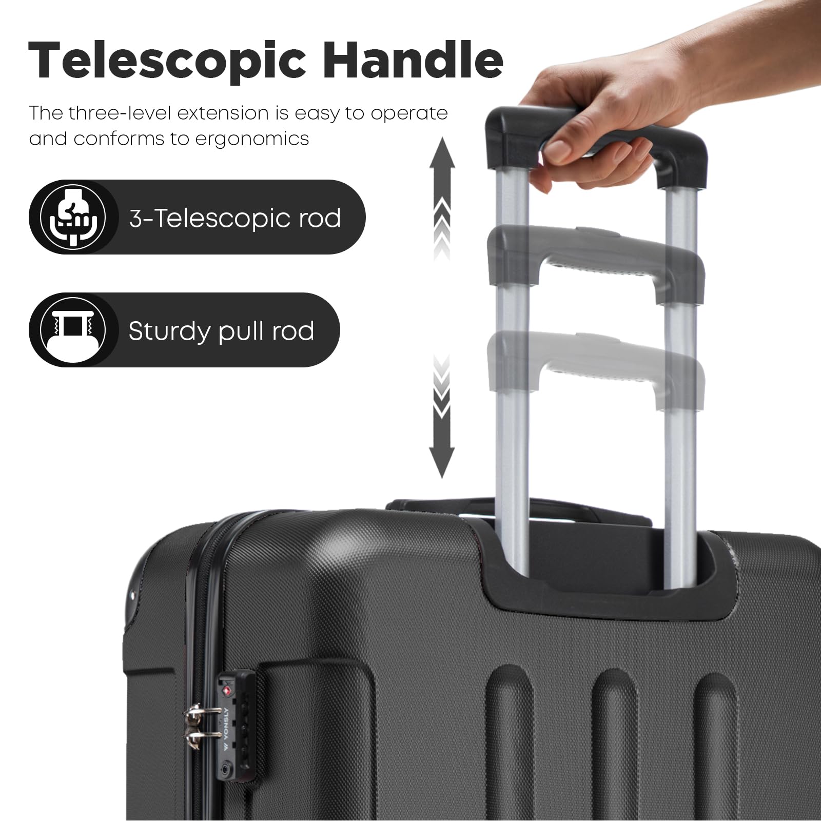 Premium Reisekoffer TSA-Schloss,YKK-Reißverschluss Hartschalen-Koffer Trolley Rollkoffer Suitcase Handgepäck 4 Rollen (Schwarz, L) - 5