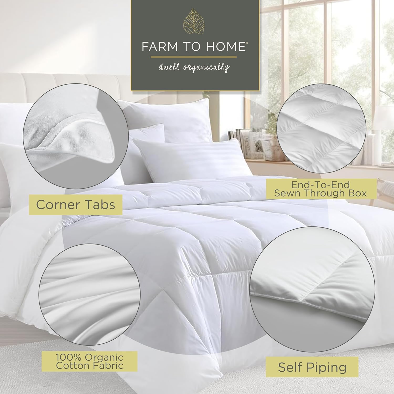 Farm To Home Organic Cotton Feather and Down Comforters Queen Size, 100% Organic Cotton Cover, All Seasons Duvet Insert, 4 Corner Tabs, Naturally Breathable White Bedding Comforters, 90"x90" - Image 7