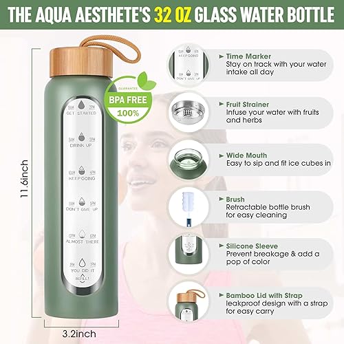 Miniatura 3 de Aqulea Botella de agua de vidrio de borosilicato de 32 onzas con tiempos para beber, sin BPA, botellas de agua motivacionales reutilizables de boca