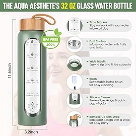 Aqulea Glass Water Bottles 32 Oz with Silicone Sleeve - BPA Free Reusable Wide Mouth Glass Motivational Water Bottles with Fruit Infuser - Leak Proof Borosilicate Water Bottle with Time Marker (Green)