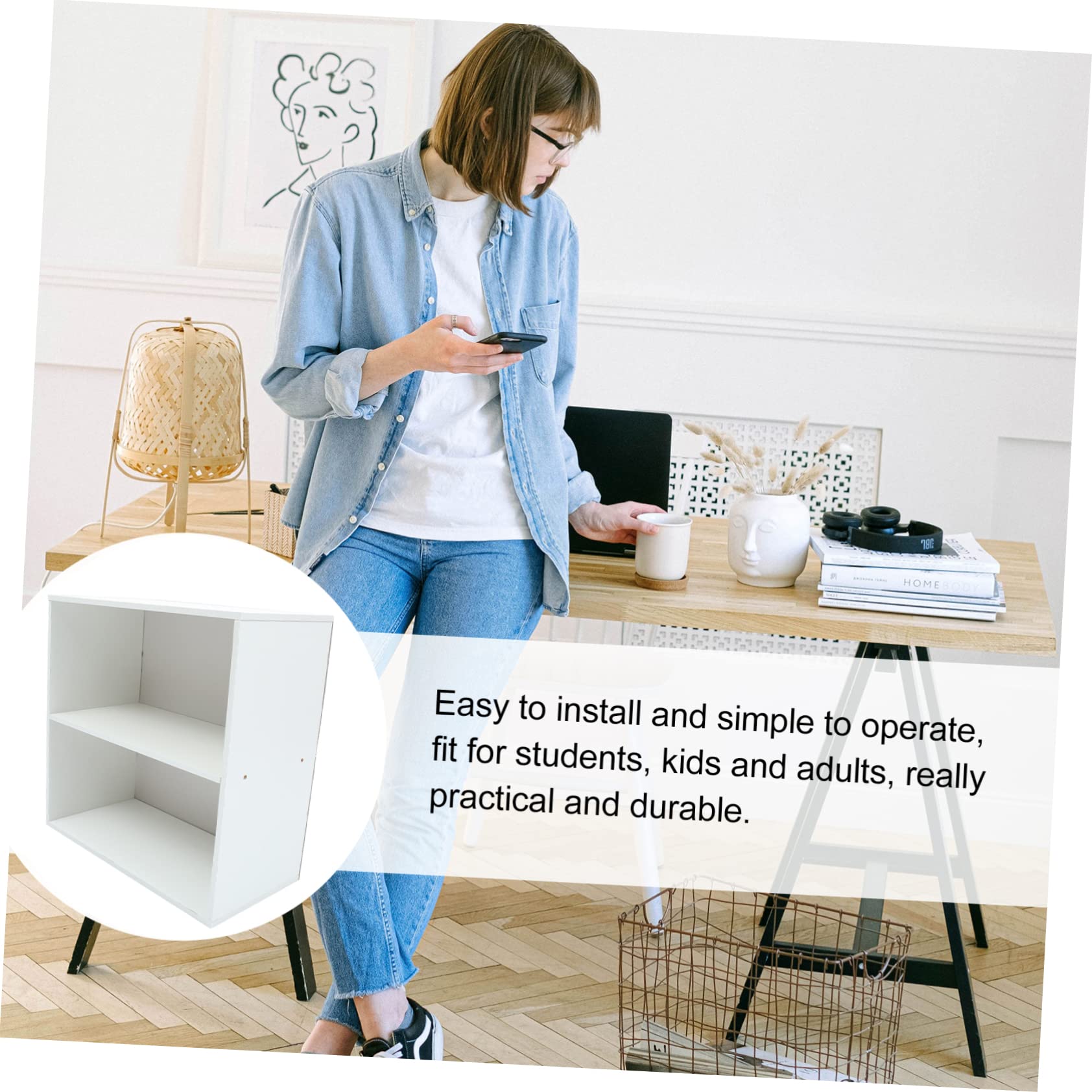 1 x weißes Bücherregal für Büro und Zuhause, mehrschichtige Holzbasis, Spind für Haushaltsbücher und Make-up-Aufbewahrung