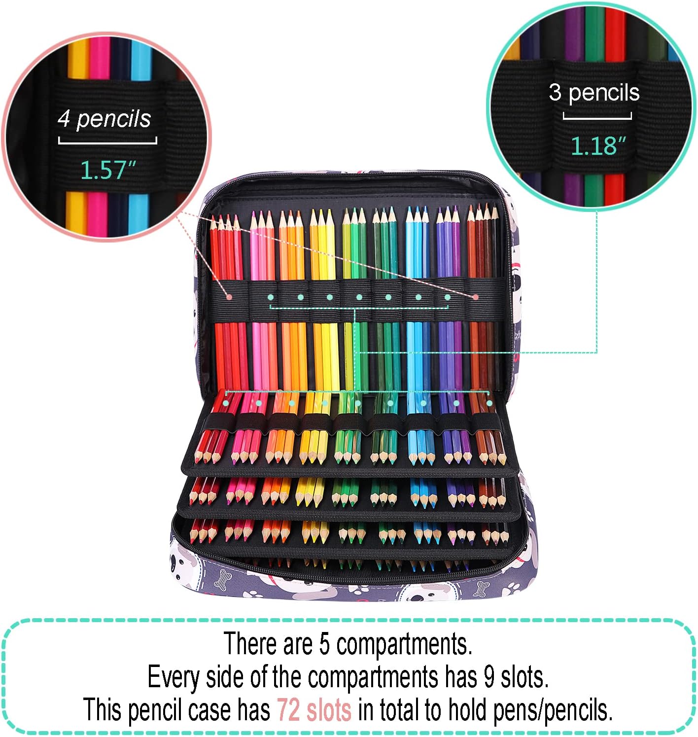 JAKAGO 220 Slots Colored Pencil Case Large Capacity Pen Holder for Artist Painter Zipper Organizer Bag for Marker Highlighter Storage Case for Office Sketch Travel Supplies (Dog)