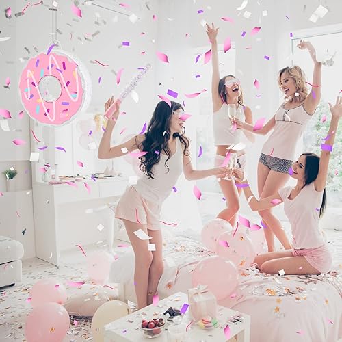 Miniatura 7 de Pinata de dona, piñata pequeña de 12.6 pulgadas con barra de piñata y confeti, decoración de fiesta de donas para cumpleaños, aniversario,