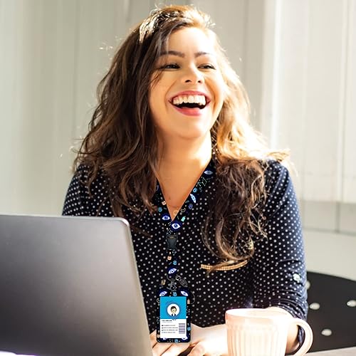 Miniatura 2 de Soporte para tarjetas de identificación con carrete con cordón extraíble y retráctil, resistente, diseño divertido y lindo mal de ojo, ajustable,