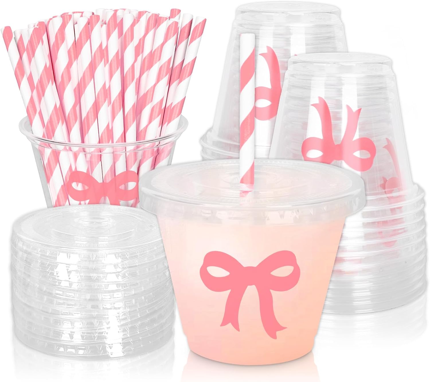 Whaline 100Pcs 9Oz Nautical Disposable Plastic Cups with Lids and Straws Blue Anchor Cold Beverage Drinking Cups for Iced Coffee Smooth Juice Tea Milkshake