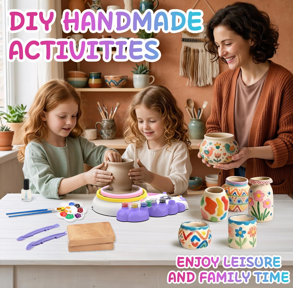 Tour de Poterie Enfant, DIY Pottery Kit avec Argile Autodurcissante, Jeu Creatif Art et Peinture Activite Manuelle, Loisir Créatif Licorne Jouet, Idée Anniversaire Cadeau Fille 3 4 5 6 7 8 9 10 Ans