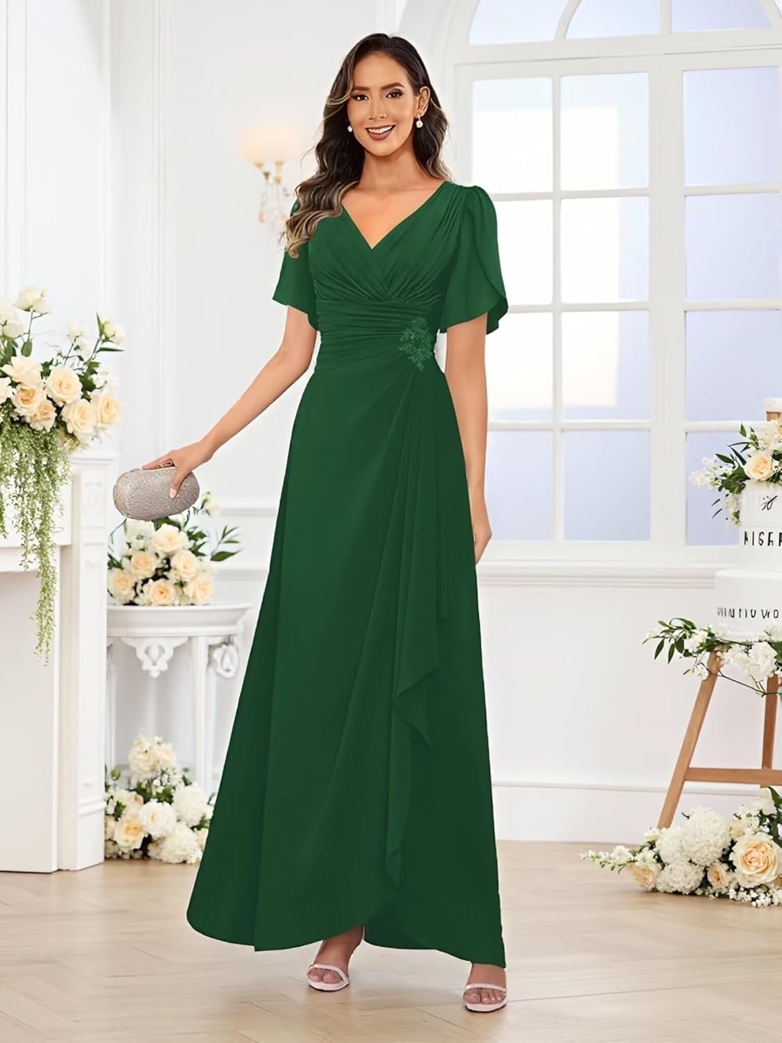 V Neck Mother of The Bride Dresses with Ruffles Short Sleeve Pleated Chiffon Long Formal Dresses for Women - Image 6