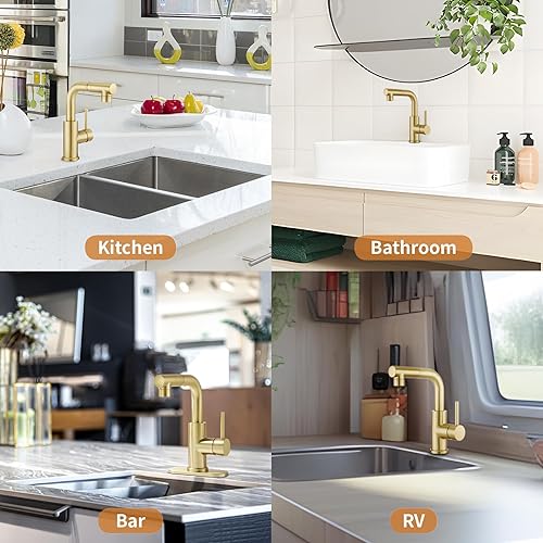 Miniatura 3 de Grifo de fregadero de barra, grifo de baño dorado con drenaje emergente, grifos de cocina con rociador extraíble para RVcámperbar, grifo de utilidad