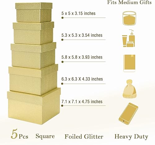 Miniatura 4 de PAPER FAIR Juego de 5 cajas de regalo anidadas con purpurina dorada brillante, organizador de almacenamiento de cartón cuadrado plano con tapa,