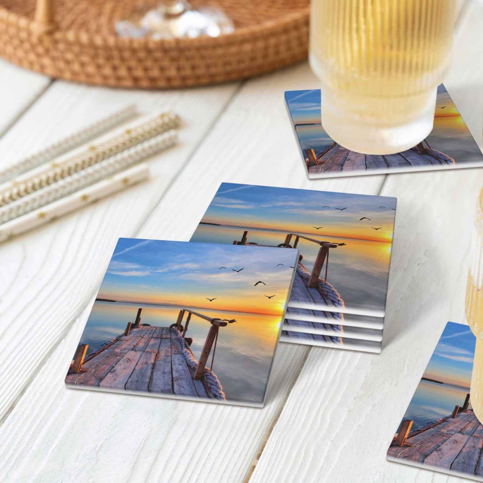 Lot de 4 dessous de verre en céramique Motif lac sous le coucher du soleil
