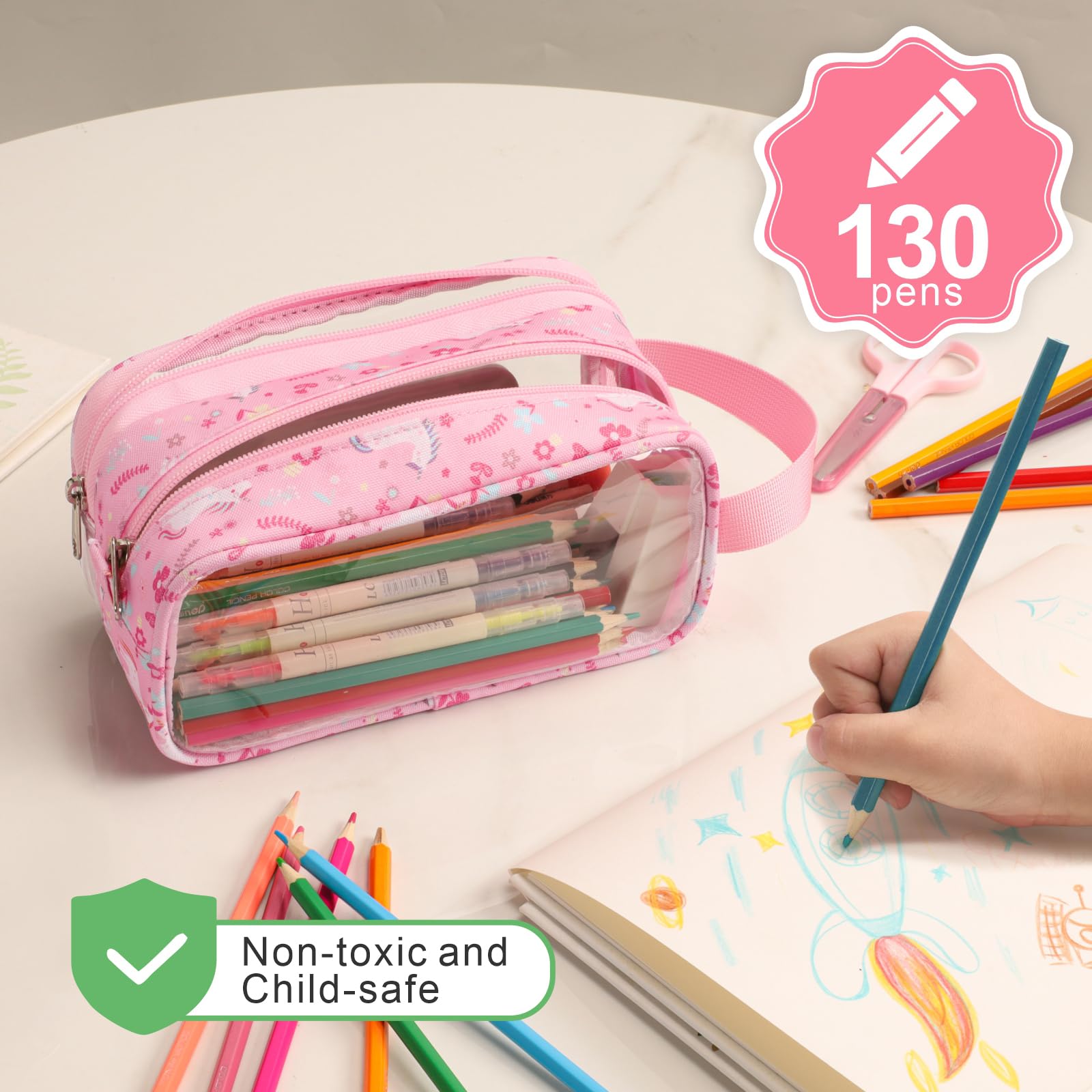 Bagseri Trousse à crayons transparente pour filles – Jolie trousse à crayons pour filles avec poignée – Grande trousse à crayons transparente à fermeture éclair (licorne rose)