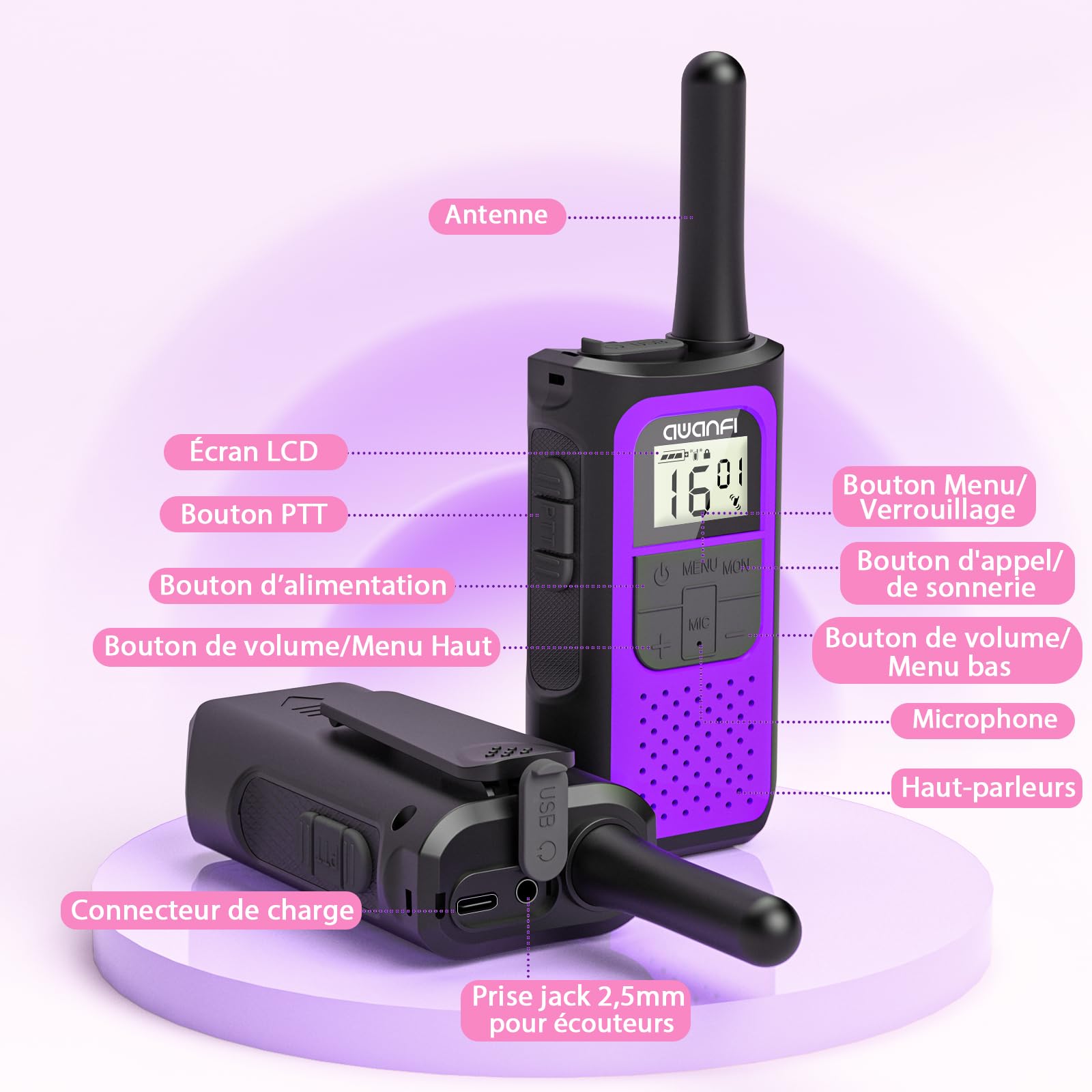 Walkie Talkies 3 Pieces Long Range Walkie Talkies Kids Adults Rechargeable Walkie Talkies USB C Lithium Battery with 16 Channels for Camping, Hiking, Biking, Gift for Girl and Boy - 2