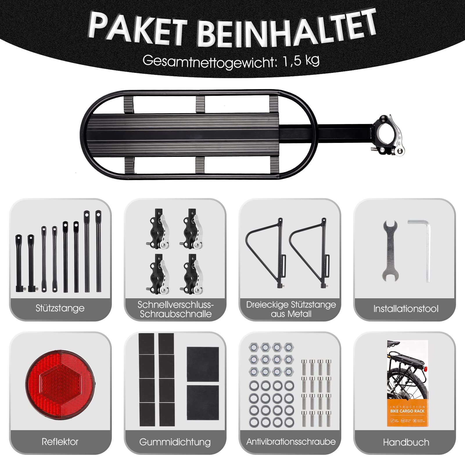 Gepäckträger Mountainbike, Fahrrad gepäckträger Schnellspanner mit Reflektor, Einstellbare MTB Gepäckträger Hinten, Doppelte Stützstange Fahrrad Gepäckträger Hinten, Maximalbelastung 100kg
