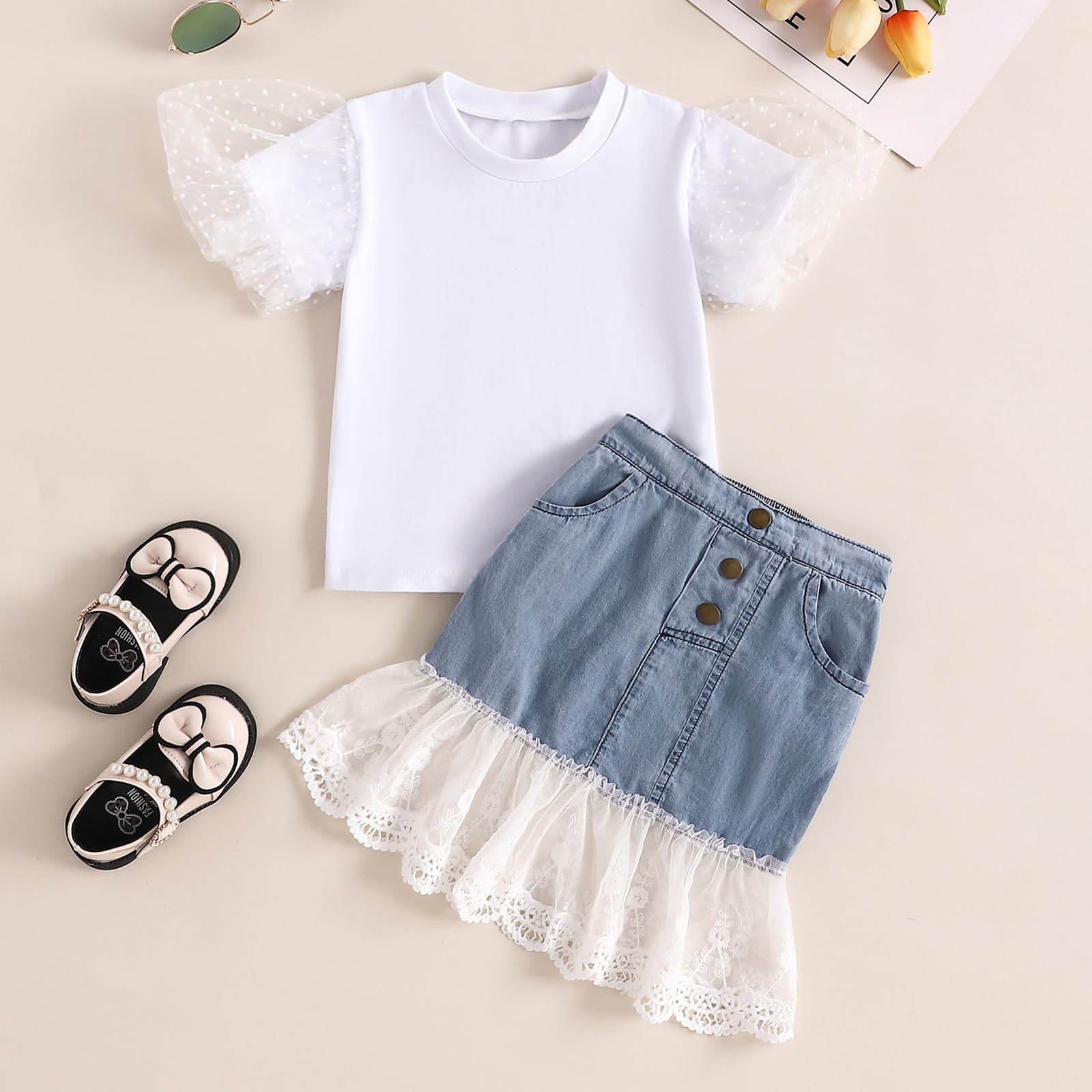 NANCHNEGGU 2PCS Baby Girl Denim Skirts Sets, Mesh Puff Sleeves Shirt + Lace Hem Patchwork Skirts Summer Outfit (White Blue, 12-18 Months)