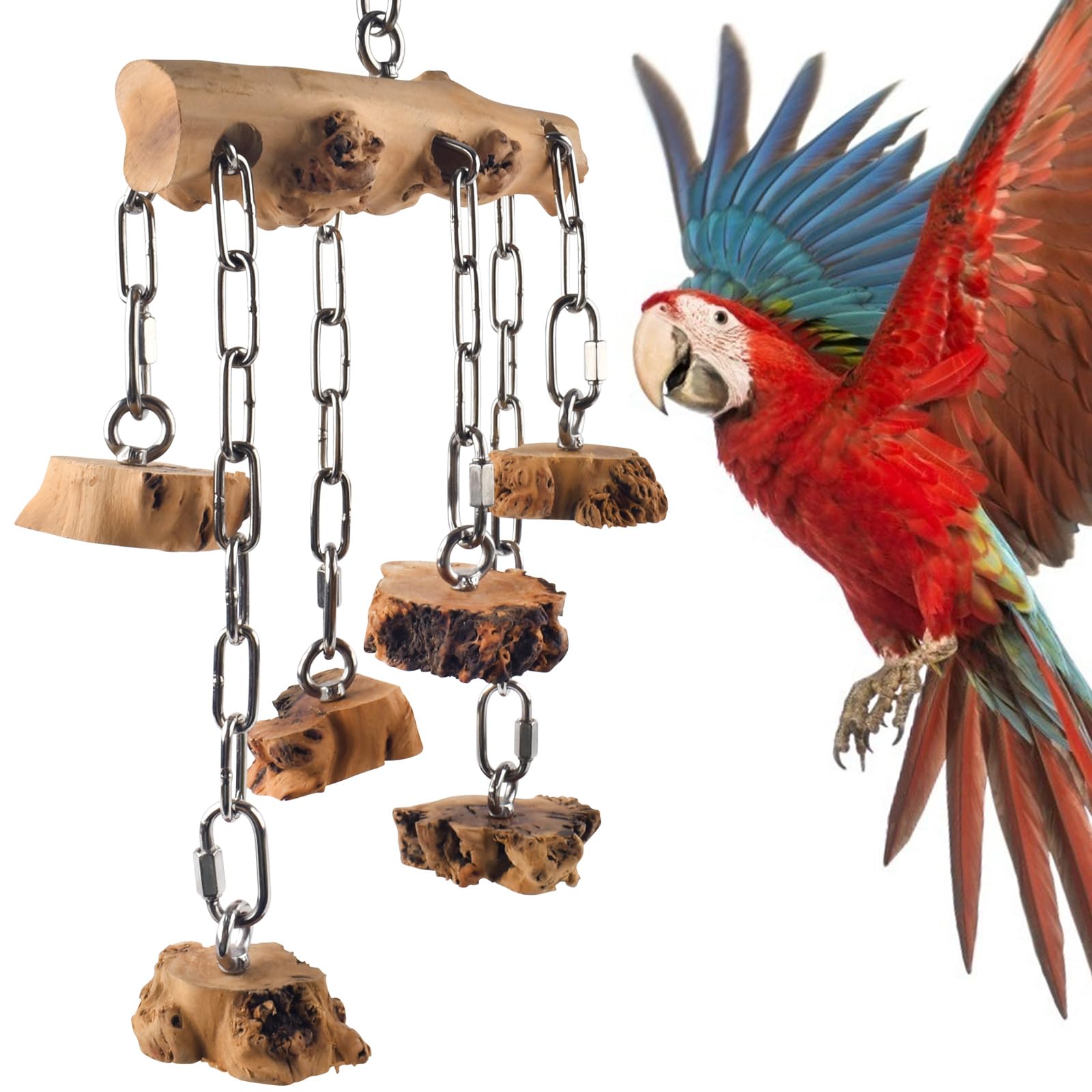 Bird Toys for Parrots, Durable Wooden Large Parrot Toy with Stainless Steel, Hanging Natural Chew Hardwood Blocks for Macaws, African Greys, Amazon Parrots, Cockatoos and Small Medium Parakeets
