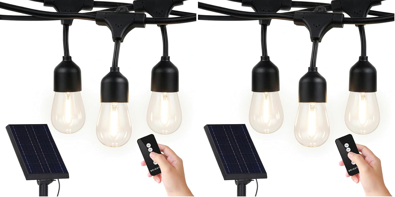 Brightech Ambience Pro – Solar Power Remote Control Outdoor String Lights with Edison Bulbs – Shatterproof, Commercial Grade LED Waterproof Patio Lights – 1W, 3,000K, Hanging, 48 ft (Pack of 2)