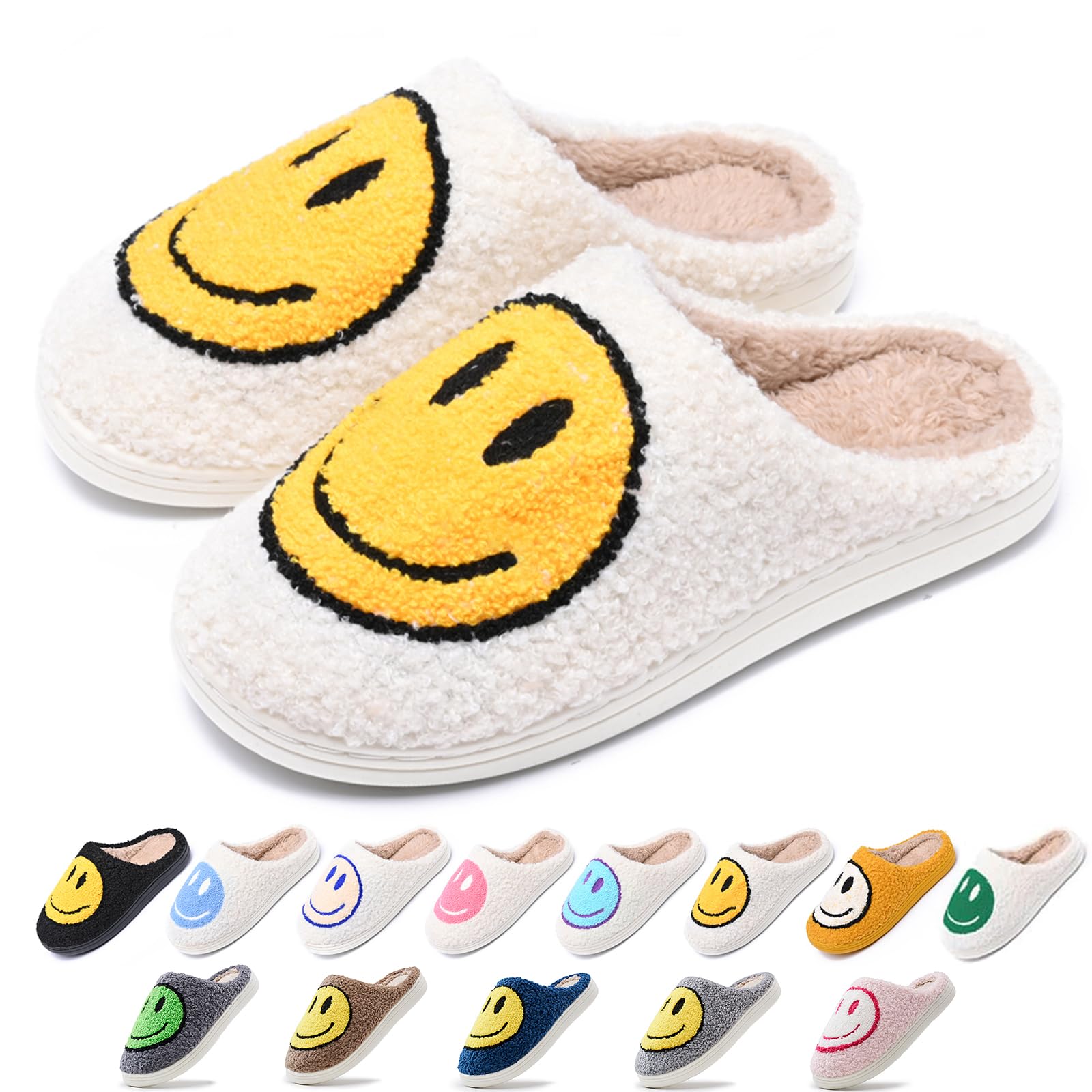 Cute Smile Slippers for Women and Men - Soft Plush Comfy Warm Couple Slip-On House Happy Face Slippers for Winter Indoor Outdoor - Preppy Non-slip Fuzzy Flat Slides