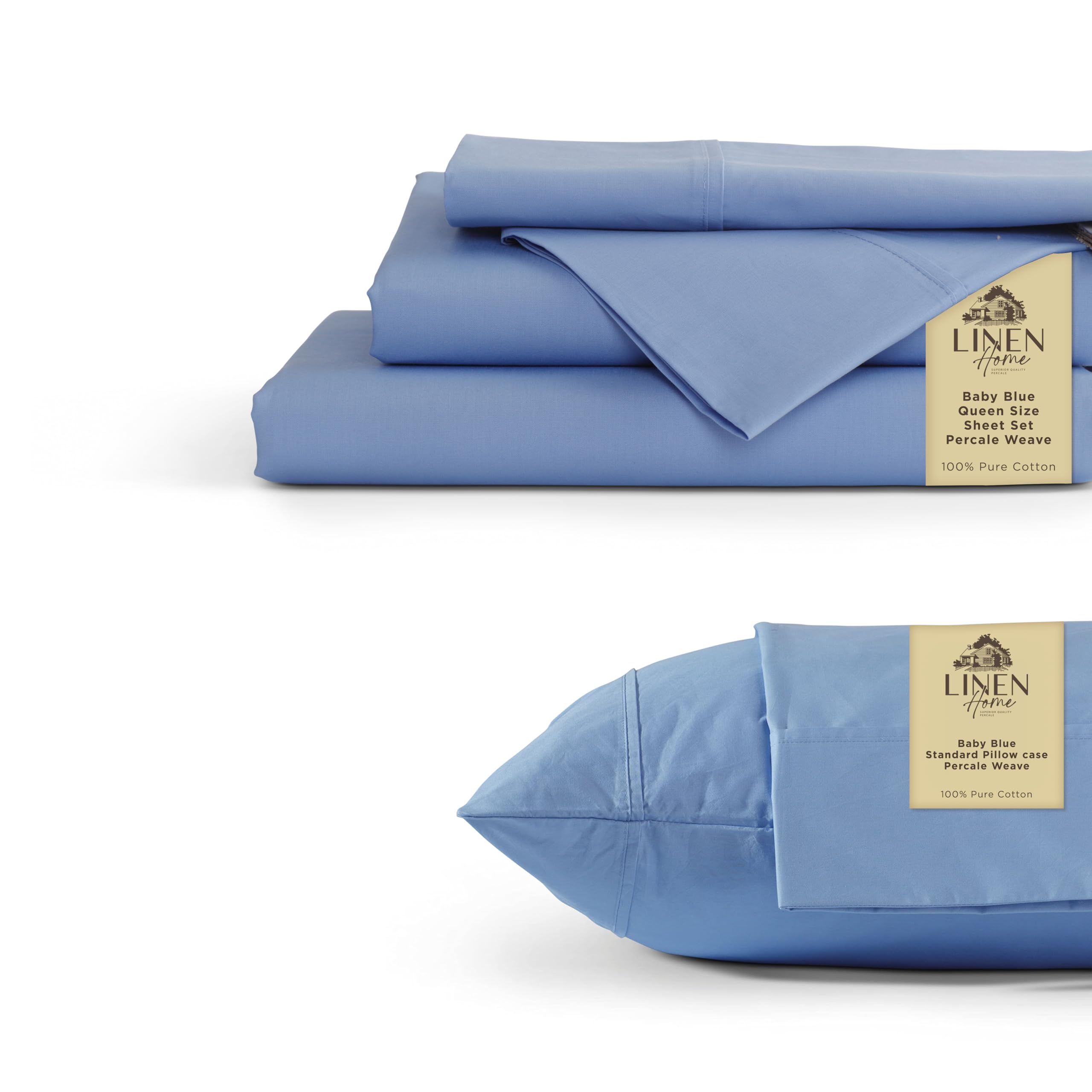 100% Cotton Percale 6 -Piece Bedding Bundle- 4 Pieces Sheet Set + 2 Pieces of Pillowcase, Crisp and Cool Strong Bed Linen Queen, Baby Blue