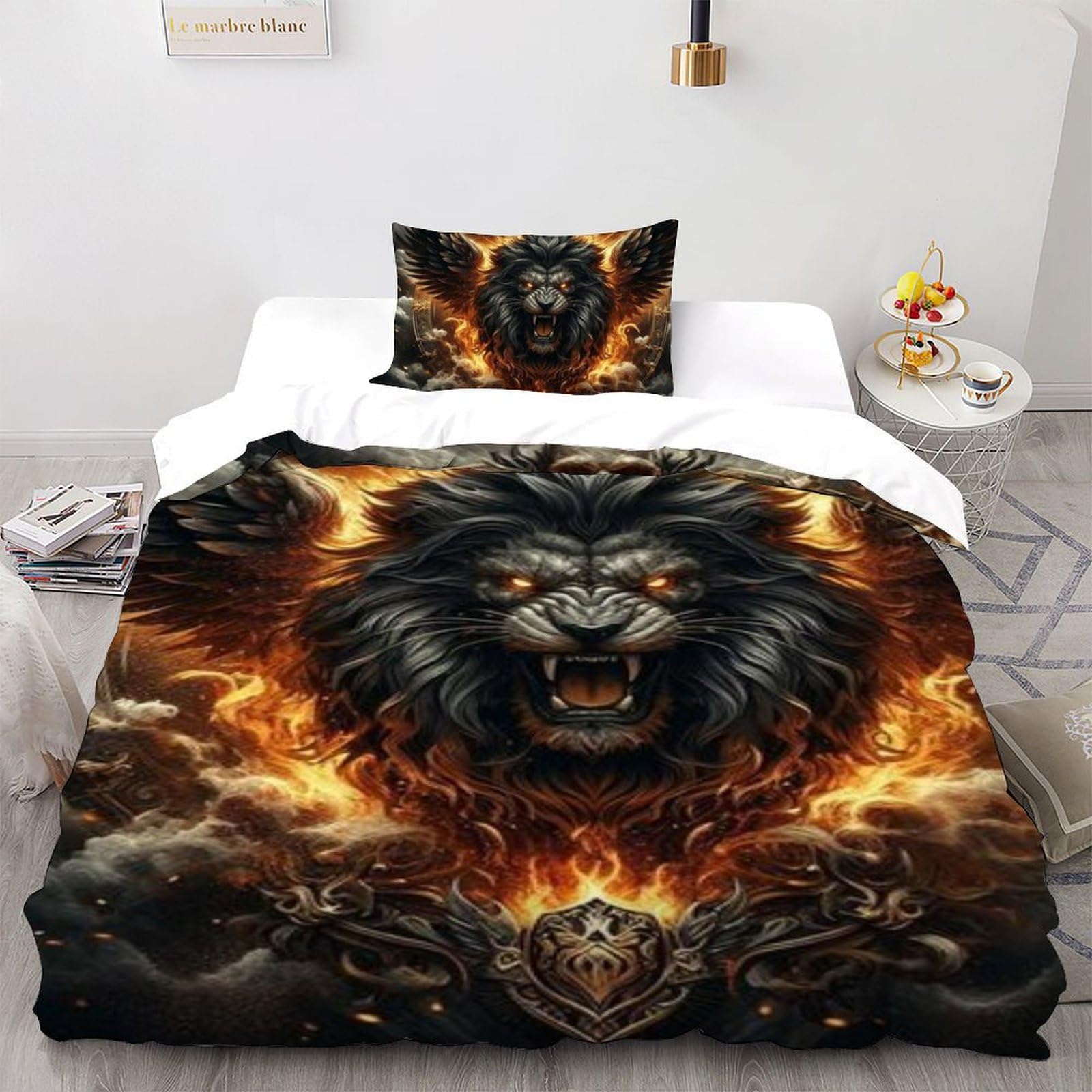 Housse de couette single Lion imprimé 3D en microfibre 135x200cm pour lit une place enfant