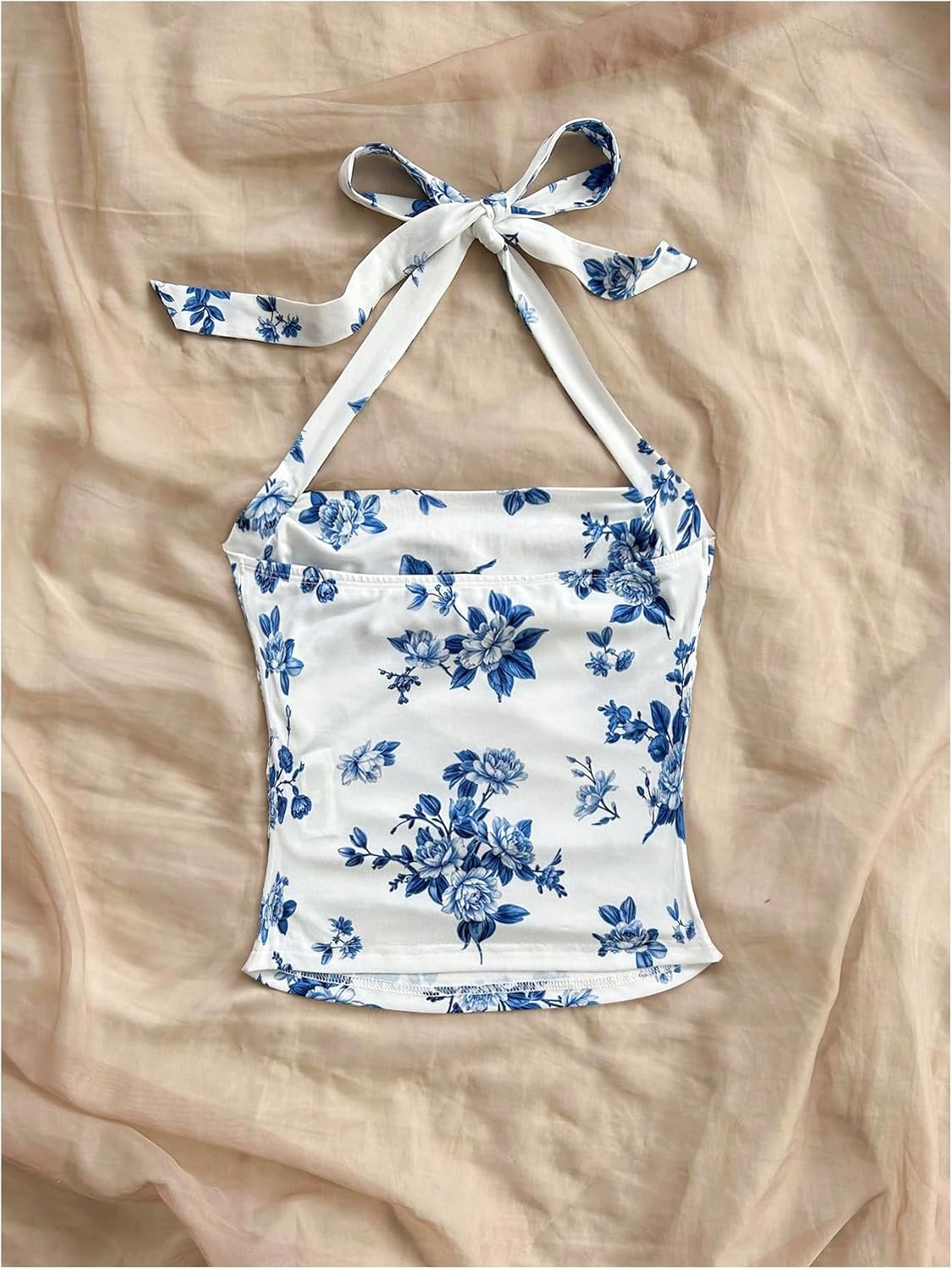 MakeMeChic Women's Floral Print Halter Top Ruched Tie Back Sleeveless Boho Shirt - Image 3