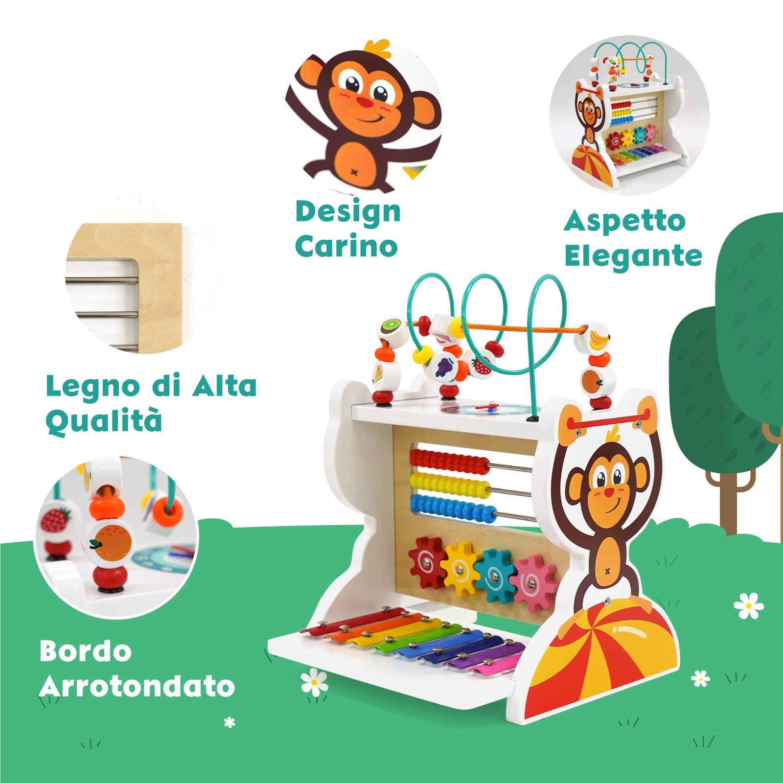 Gioco Cubo di attività in Legno per Bambini 5 in 1 : Giocattolo Xilofono, Abaco, Labirinto di Perle, Ingranaggi, Orologio: Strumento Musicale per Bambini di 1 2 3 4 5 Anni