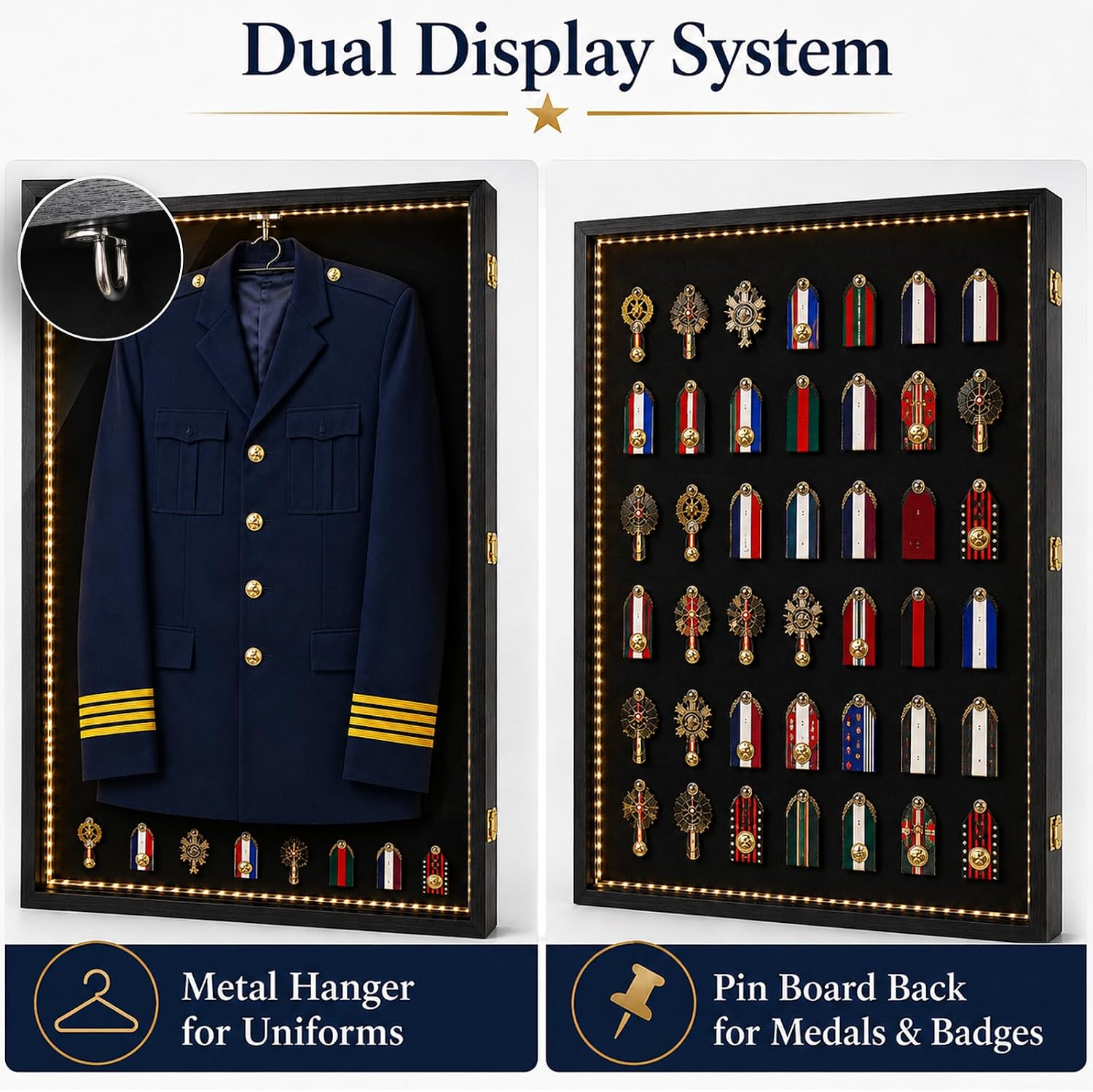 Extra Large Military Uniform Shadow Box with LED Lights,Memorabilia Military Uniform Display Case with 98% UV Protection Acrylic Door,for Preserving Military,Police,Air Force,36x24.5 inch