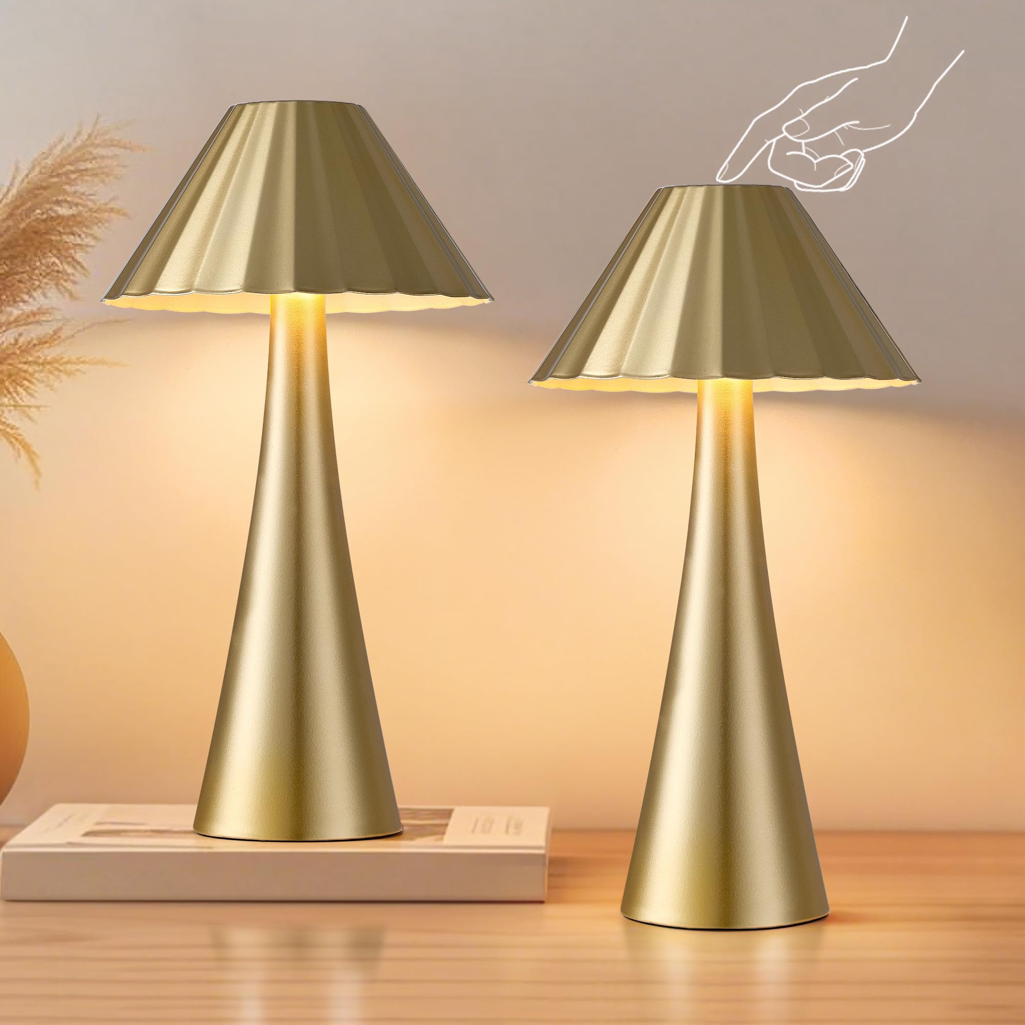 HIGHTRY Set of 2 Rechargeable Cordless Table Lamps with Stepless Dimming & Touch Control, Portable Desk Lamps for Bedroom, Living Room, Restauran,