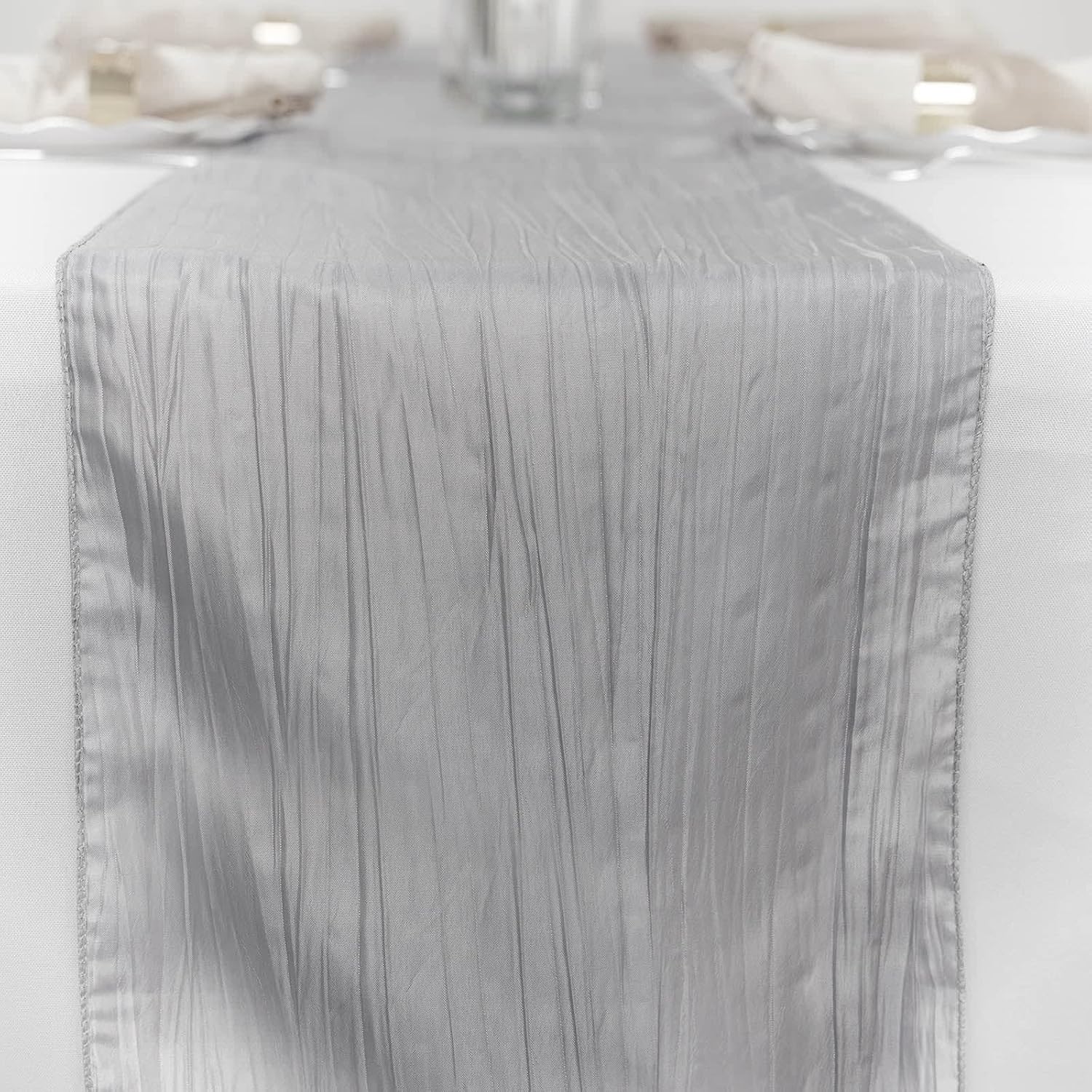 Efavormart 12" x 108" Silver Accordion Crinkle Taffeta Table Runner - Impeccable Metallic Glint of Lustrous - Perfect for Wedding Ceremonies, Parties, Upscale Occasions, and Special Events