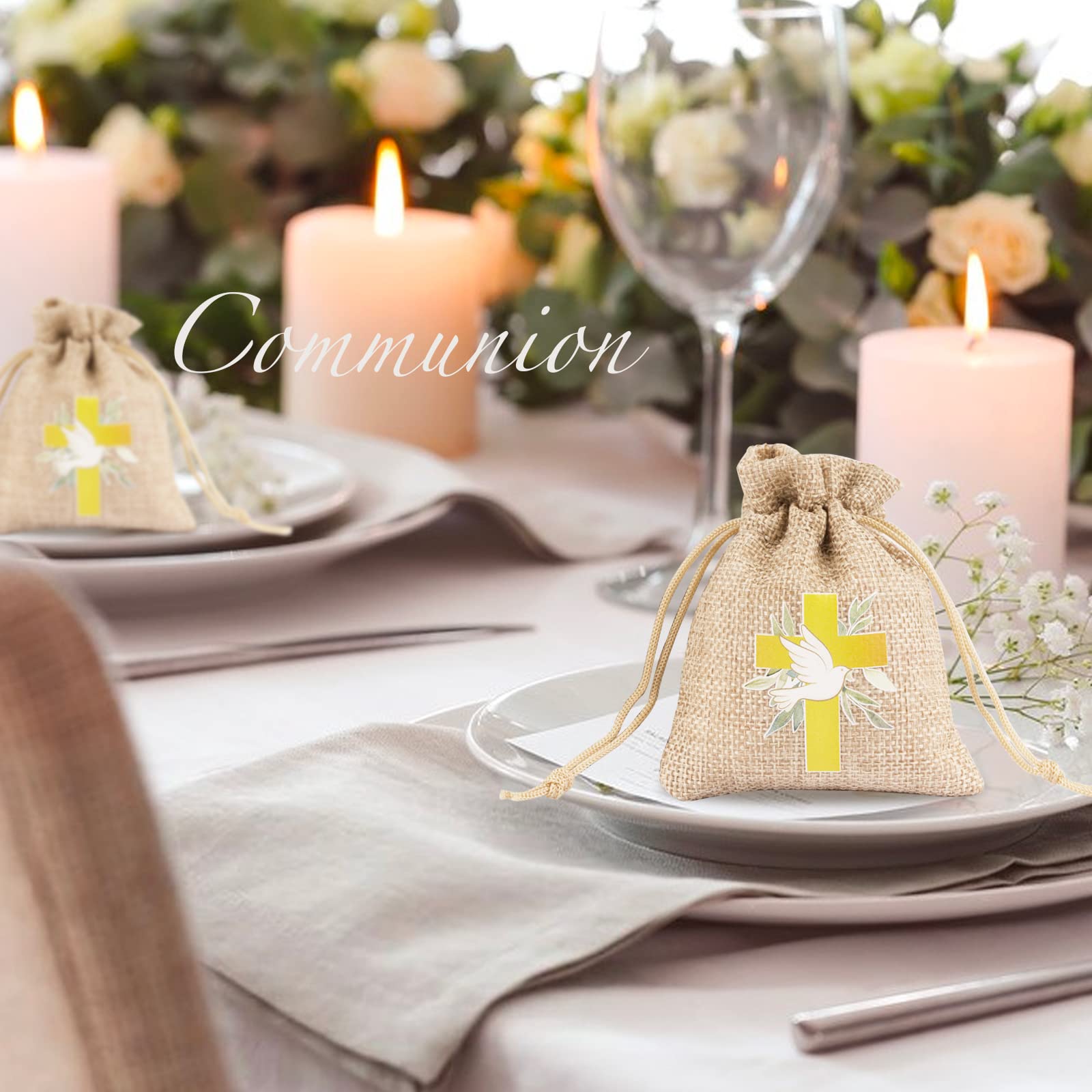 BETESSIN 24pcs Sachet Dragée Jute Pochette Communion Baptême 8x10cm Toile Chanvre Confirmation Sac Poche Bijoux Bonbon Chocolat Cadeau Perle Faveur Décoration Fête Communion