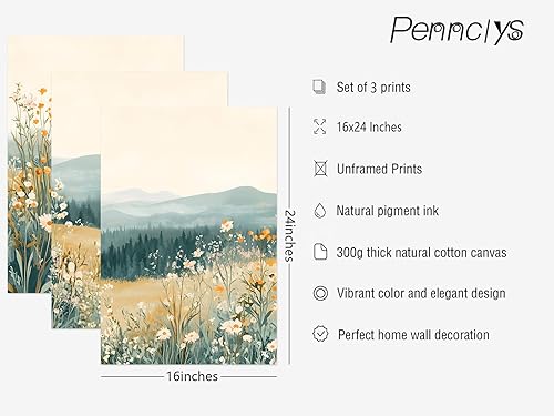 Miniatura 94 de Arte de pared bohemio con margaritas, decoración de pared de lienzo de montaña, impresiones abstractas de flores silvestres, puesta de sol, arte de