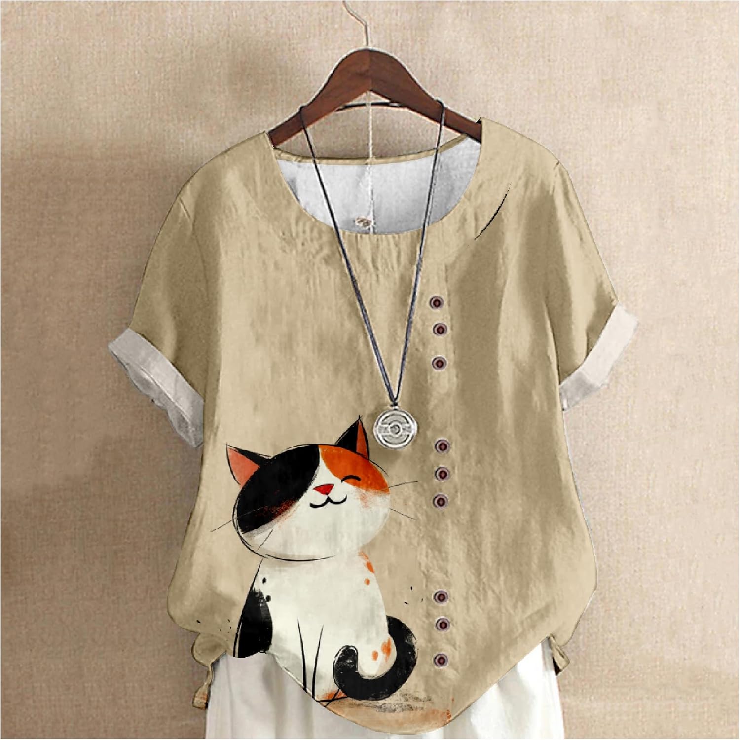 Cat Shirts for Women Loose Fit Short Sleeve Crewneck 2024 Summer Beach Boho Hide Belly Vintage Dressy Tops - Image 2
