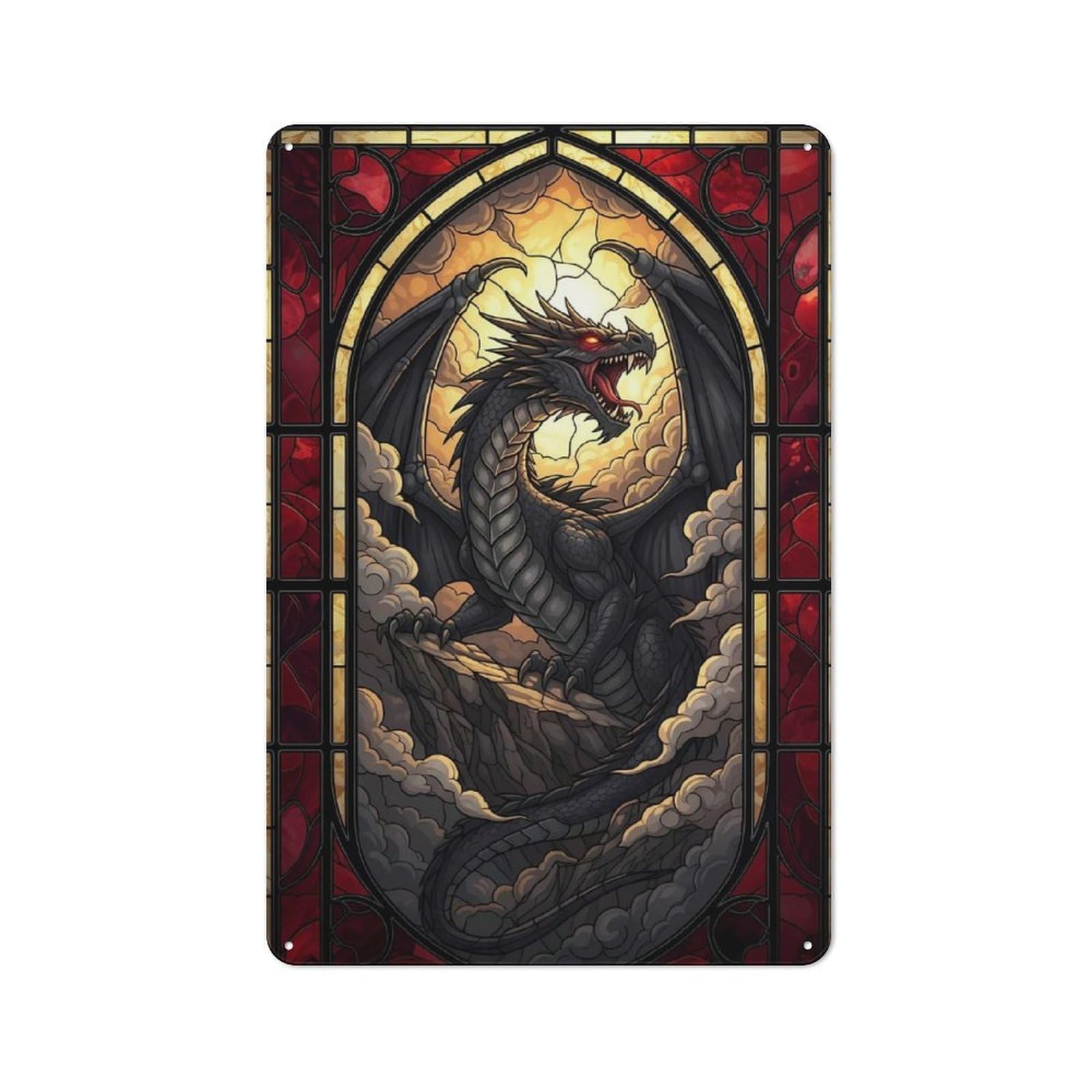 Junmoney Stained Glass Dragon Retro Decorative Metal Plaque 30X20cm, Garage Wall Decor For Garage, Workshop, Shed Or Utility Room