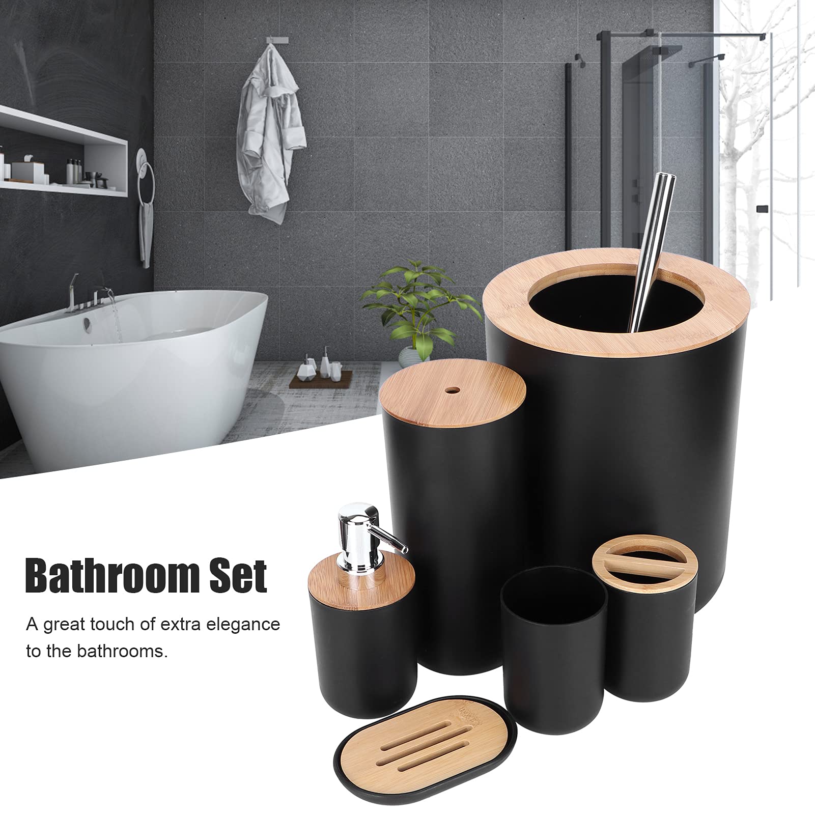 Juego de accesorios de baño de bambú, kit de limpieza de 6 piezas, soporte para cepillo de dientes, dispensador de jabón, jabonera, taza, cepillo de inodoro para decoración elegante del hogar