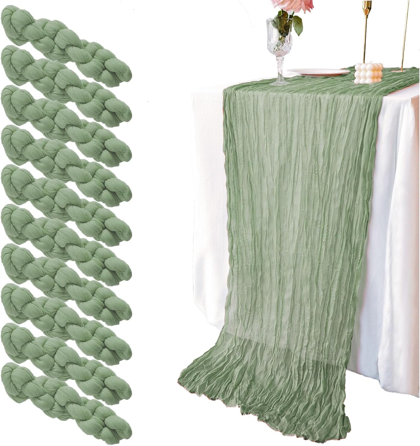 10 Pack Sage Green Cheesecloth Table Runner 120 Inch 10 FT Boho Gauze Cheese Cloth Table Runner for Spring Bridal Baby Shower Wedding Birthday Party Holiday Centerpiece for Home Decorations