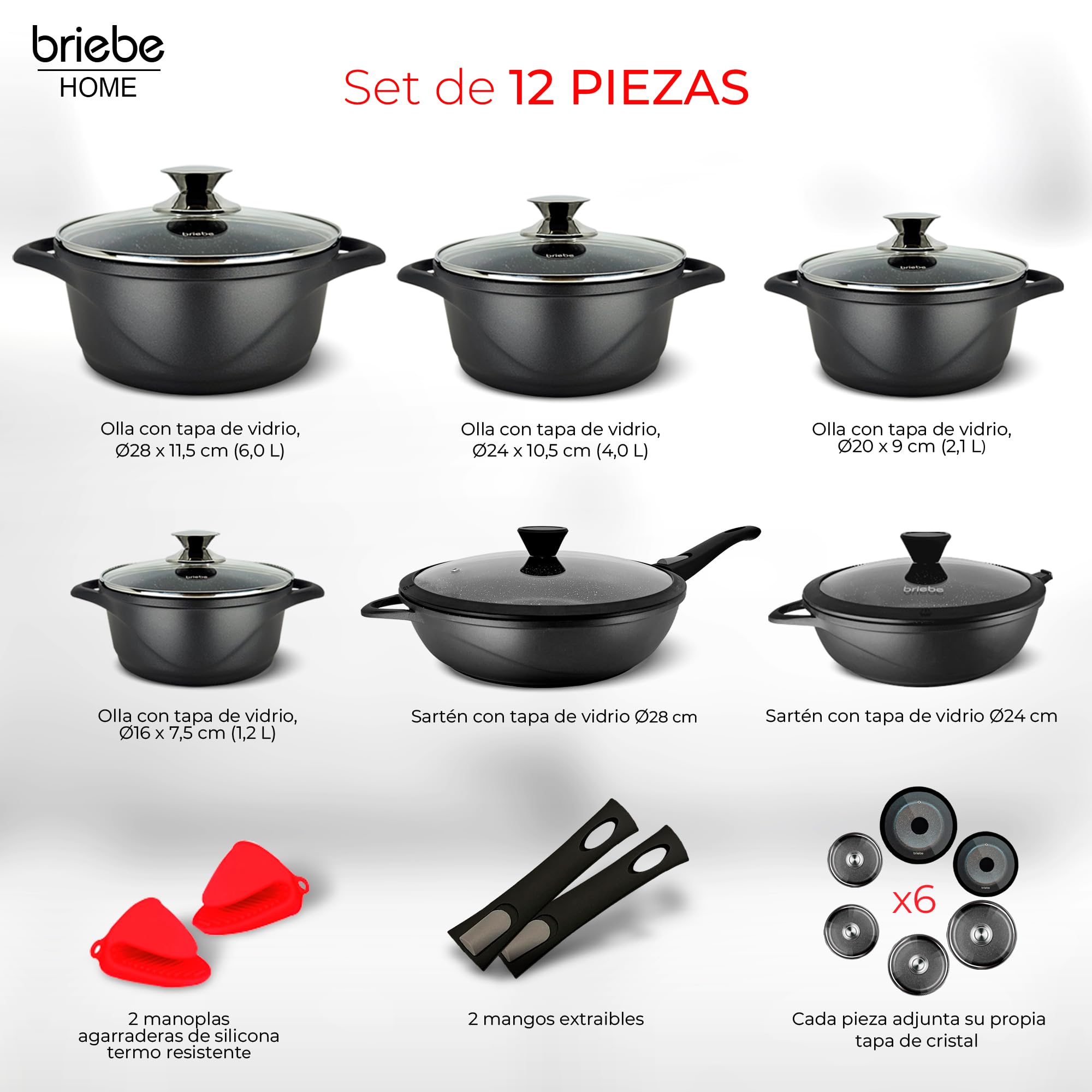 briebe Batería Cocina Inducción 12 Piezas, Juego 4 Ollas Aluminio Fundido + 2 Sartenes, Antiadherente ILAG GRANITEC sin PFOA, Set Cazuelas Tapas Cristal, Guantes Silicona, Vitrocerámica, Gas, Horno
