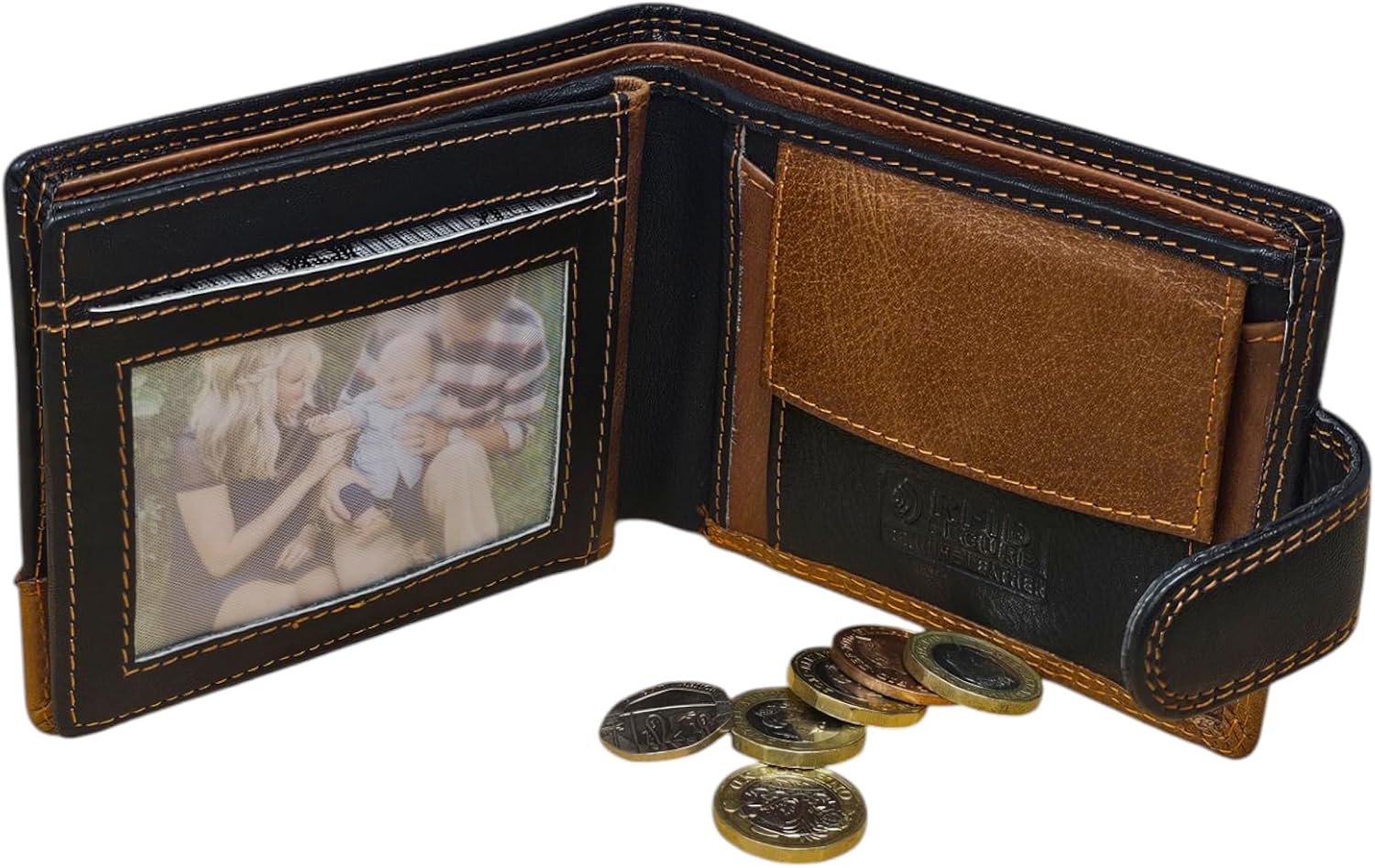 MORUCHA Personalised Wallet Men | Custom Engraved Wallets for Men UK | Genuine Soft Leather Wallet | Built in RFID Blocking | Engraved Gift for Him (Horizontal, Black/Tan) - Image 4