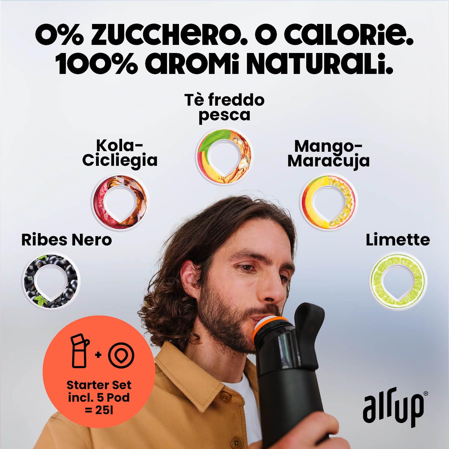 AIR UP® Borraccia Twist Pro Steel in acciaio inox Starter Set Originale, incl. pod aromatizzati in 5 gusti senza zucchero I Borraccia termica 480 ml, mantiene il freddo per 14h, tappo ermetico I Nero
