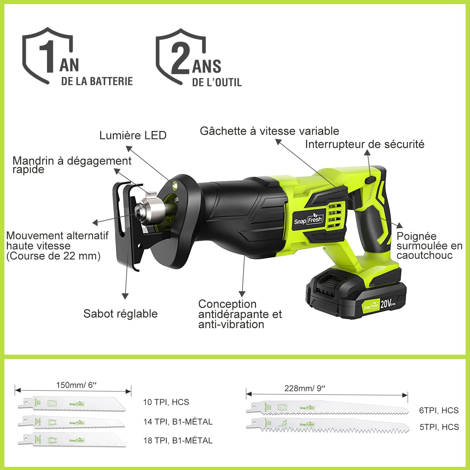 SnapFresh Scie Sabre Sans Fil 20V – Légère 1,55kg – 3000 SPM, Course 25 mm, Changement de Lame Sans Outil – Idéale pour la Rénovation, Démolition & Bricolage – Coupe Bois, Métal & PVC – Batterie 2,0Ah