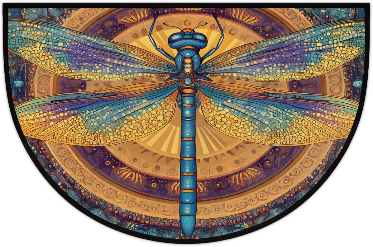 Mandala Dragonfly Circle Half Round Door Mat Non Slip Washable Semi Circle Area Rug Absorbent Soft Half Moon Rug Floor Mat for Indoor Outdoor Kitchen Bathroom Patio Front Door Mat Decor