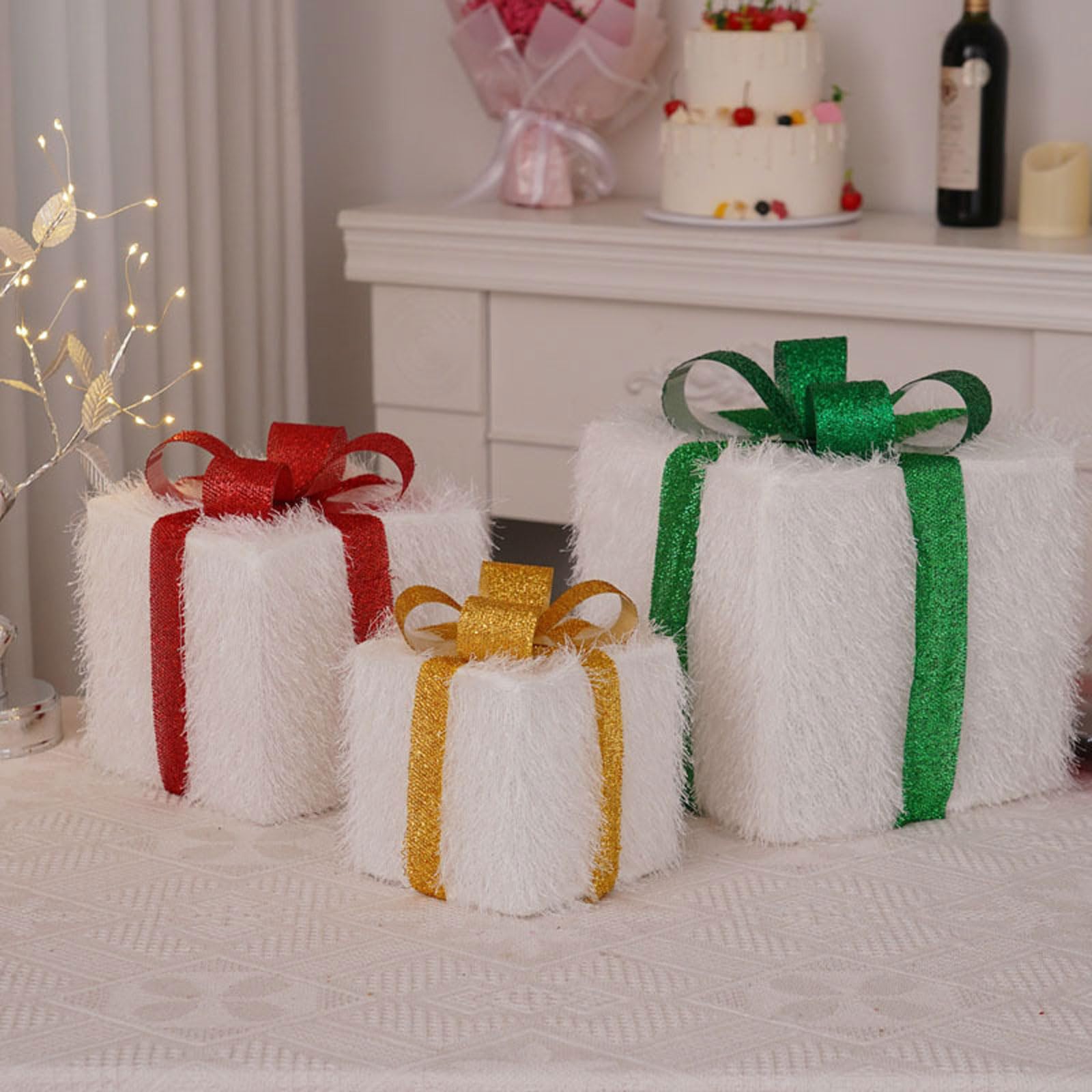 ozdoby świąteczne, Pudełko prezentowe LED na Boże Narodzenie, 3 sztuki, z pilotem i 8 trybami, białe, 15-25 cm(White Brocade Gift Box,Colorful)