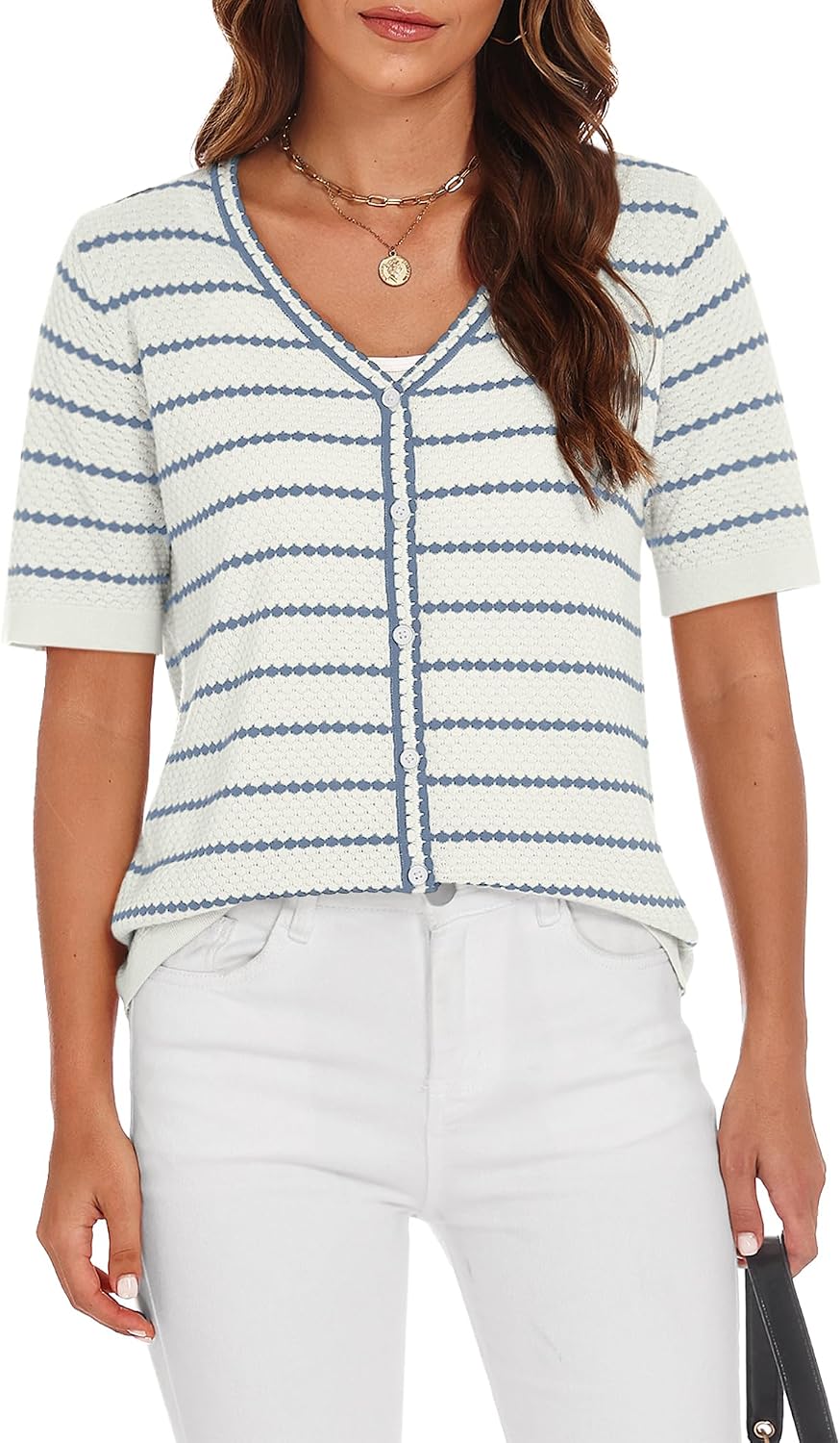 COCCKO Crochet Tops for Women V Neck Short Sleeve Striped Sweater Summer Button Shirts Knit Casual Blouses